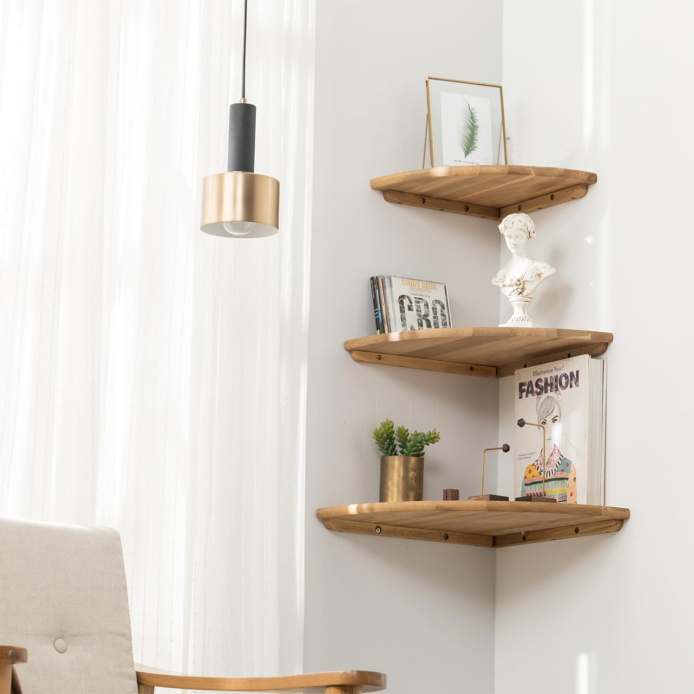 7 Inch Solid Oak Wood Floating Corner Shelf - Wall Mount Round End Speaker Shelf with Wire Hole for Small Plants, Photo Frames - Perfect for Bedroom, Kitchen & Living Room Decor