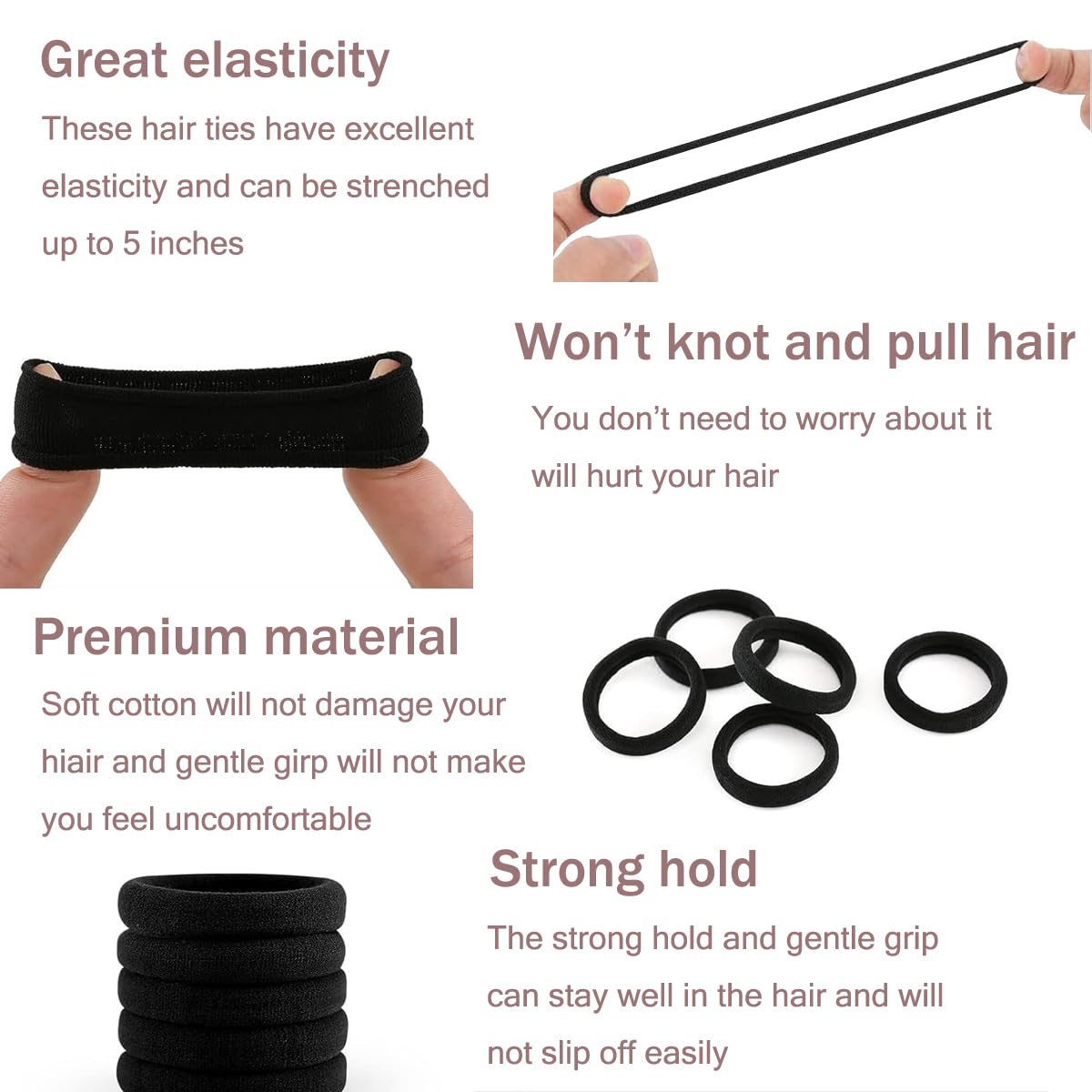100PCS No Damage Hair Ties for Women, Men & Kids - Soft Seamless Hair Bands for Thin, Fine & Curly Hair - Black No Pull Ponytail Holders - Perfect for School, Work, Sports & Everyday Use
