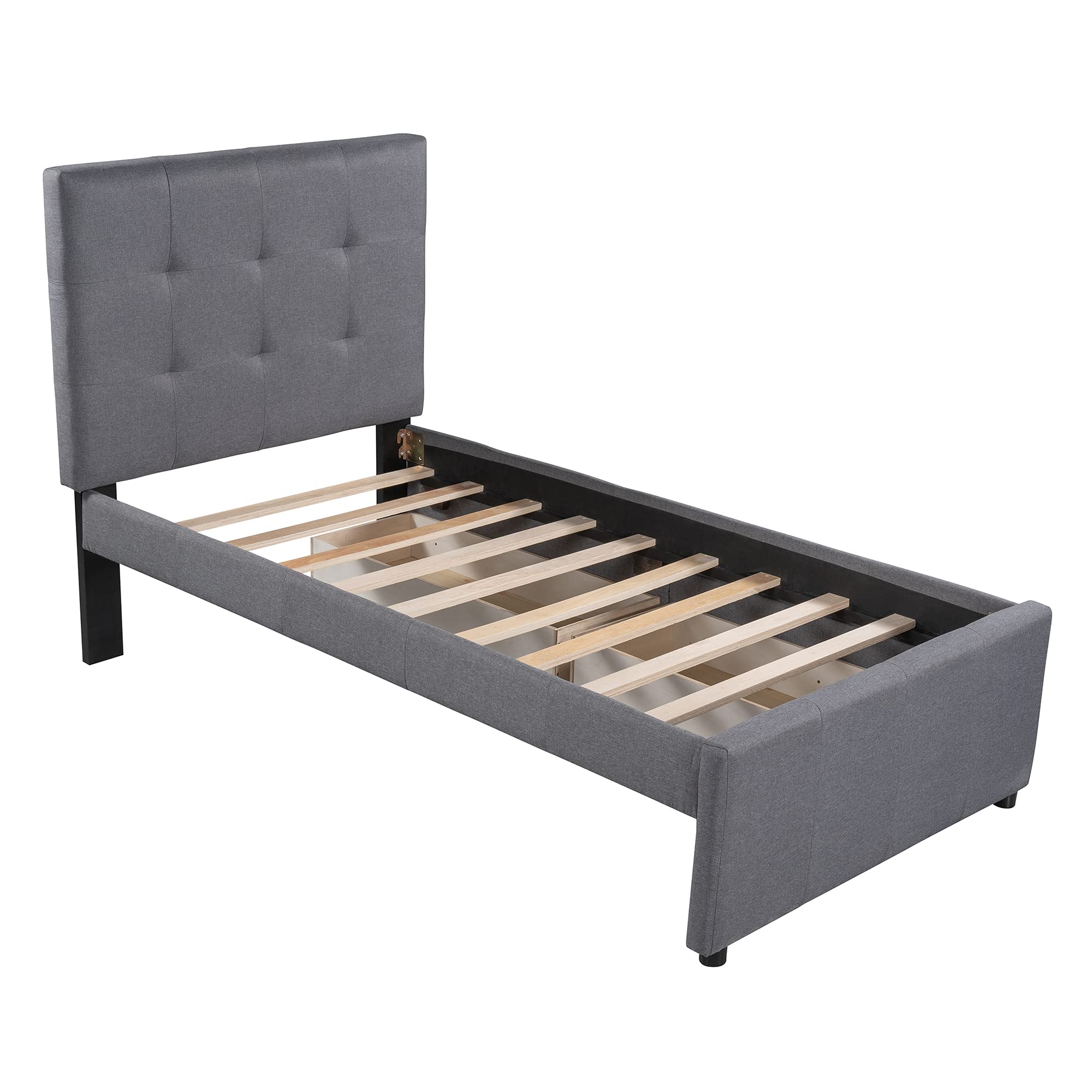 Quarte Linen Upholstered Platform Bed with Headboard - Twin Size Bed Frame with 2 Rolling Storage Drawers & Wooden Slats Support - No Box Spring Needed - Perfect for Kids & Adult Bedrooms (Gray) | Modern Space-Saving Bedroom Furniture for Small Rooms & Apartments
