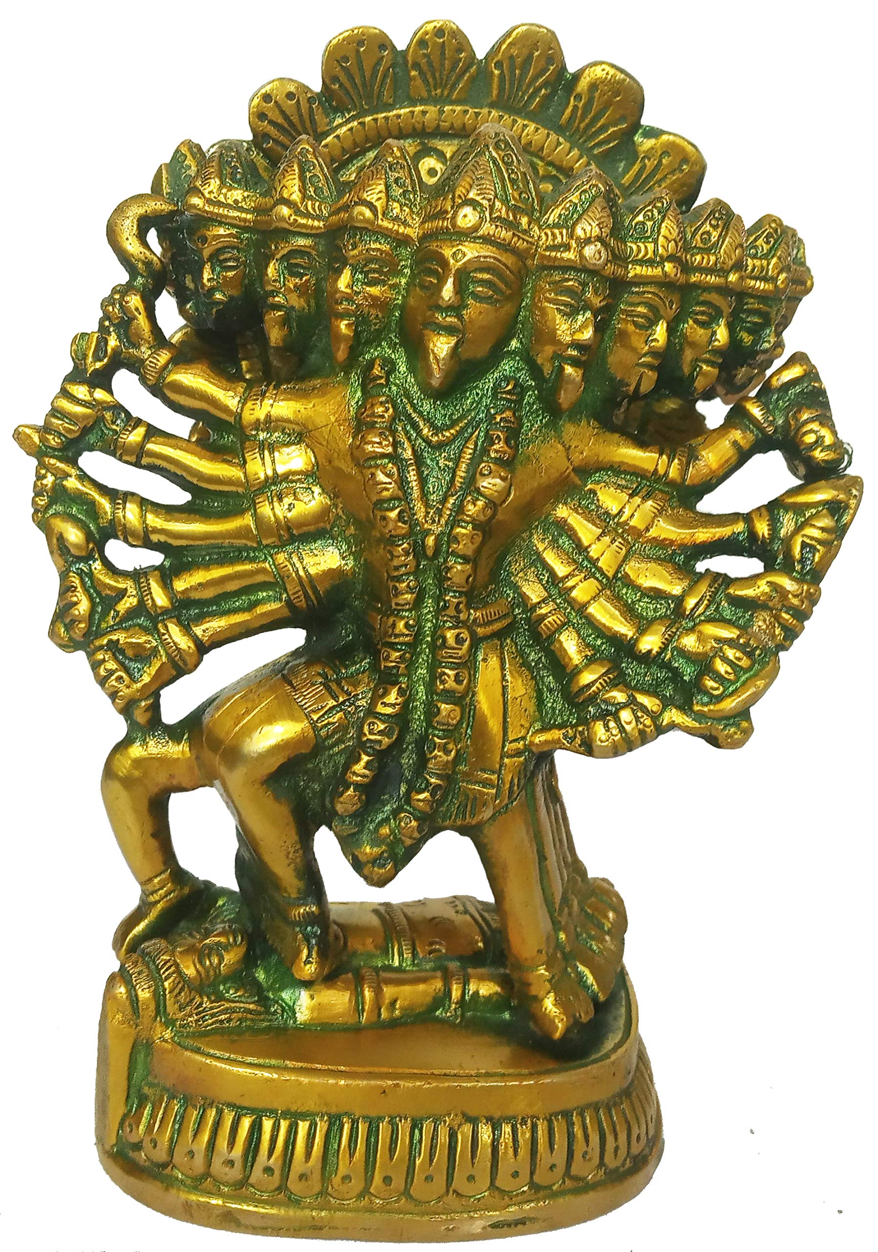 Purpledip Brass Tantric Goddess Kali Statue - 10 Heads 10 Arms Rare Collectible (Mahakali Ma Kalika Shyama) for Home Altar, Meditation & Spiritual Decor (ID 12157)