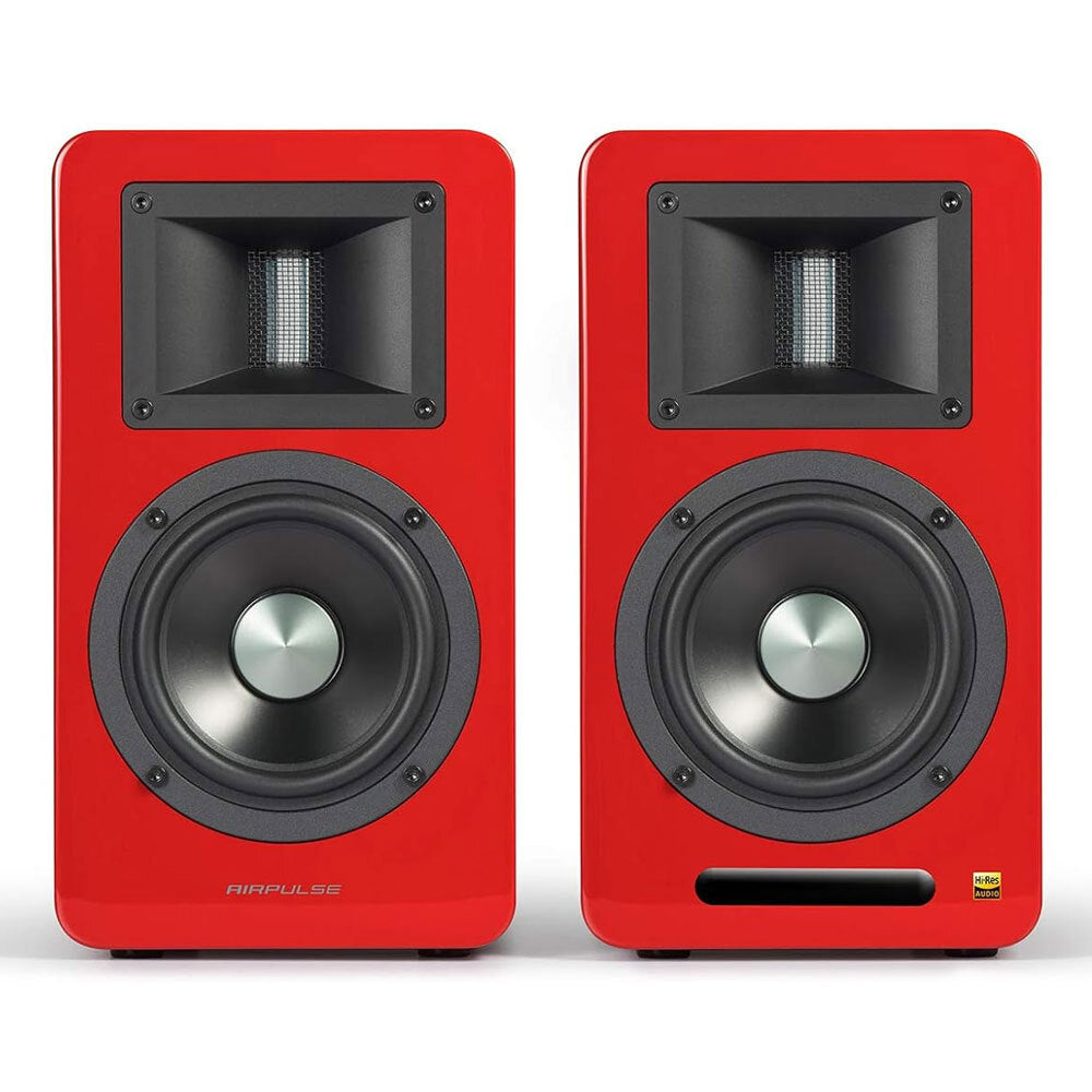 Airpulse A100 Wireless Active Bookshelf Speakers - HiFi Bluetooth 5.0, 24-bit/192kHz DAC, 2-Way Bass Reflex (Red) - Perfect for Home Theater, Gaming & Music Listening