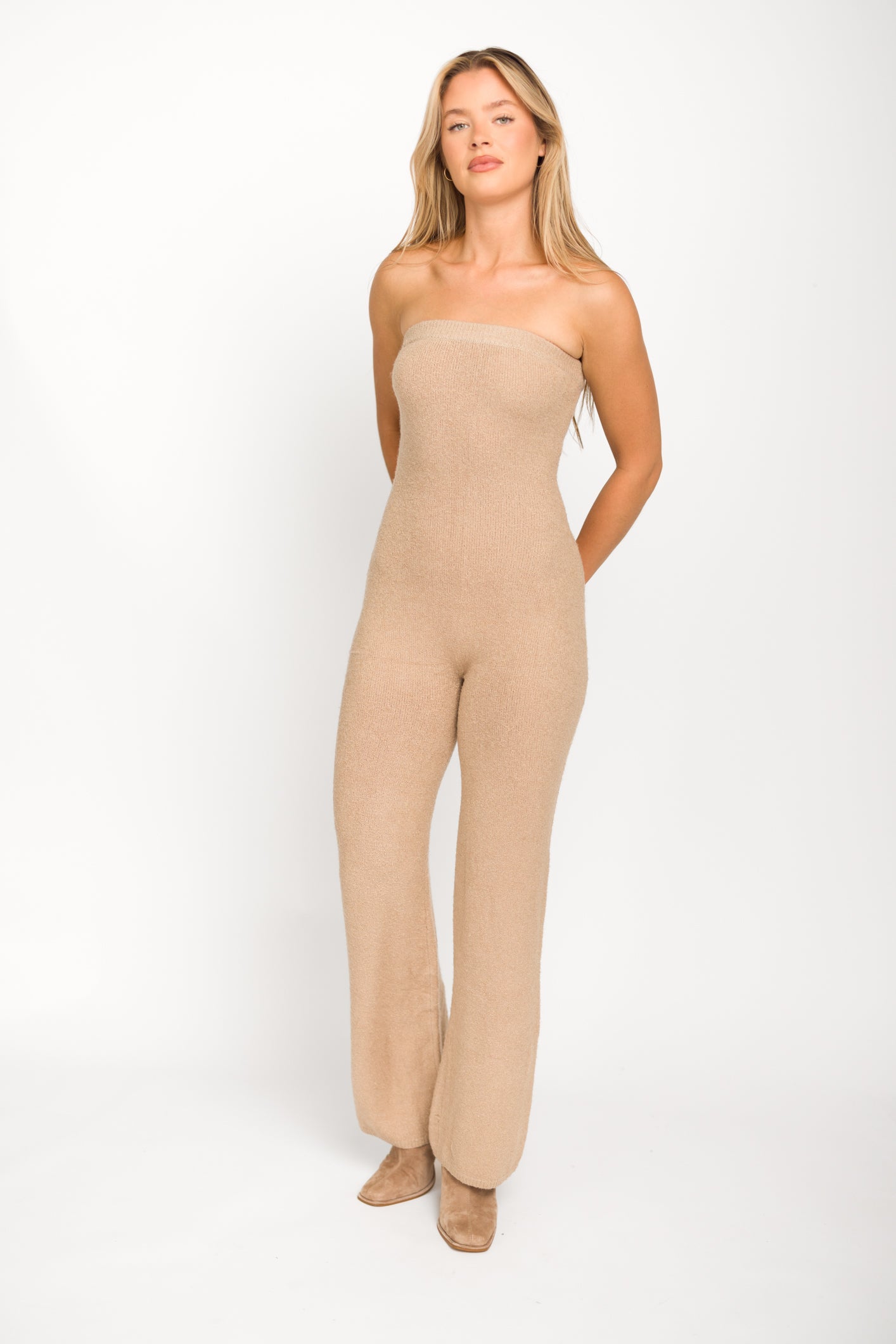 James Strapless Jumpsuit in Tan - Women's Chic Romper for Summer Beach Vacation & Night Out | Comfortable Jumpsuit for Party, Wedding, and Casual Wear