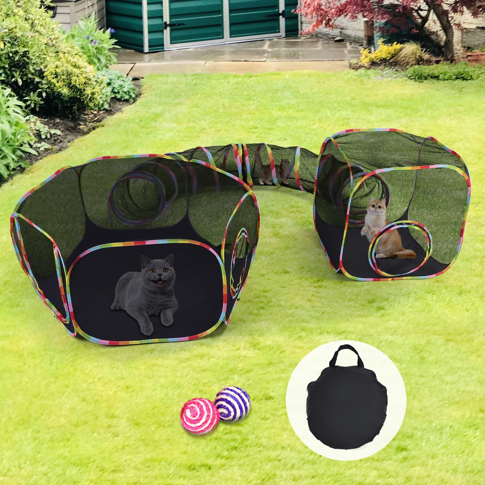 Upgraded Outdoor Cat Enclosures & Play Tunnels - Large Foldable Cat Tent with 6 Play Ways, Portable Kitty Playhouse Includes 2 Balls for Cats & Small Pets | Perfect for Backyard, Patio, Camping & Indoor Play