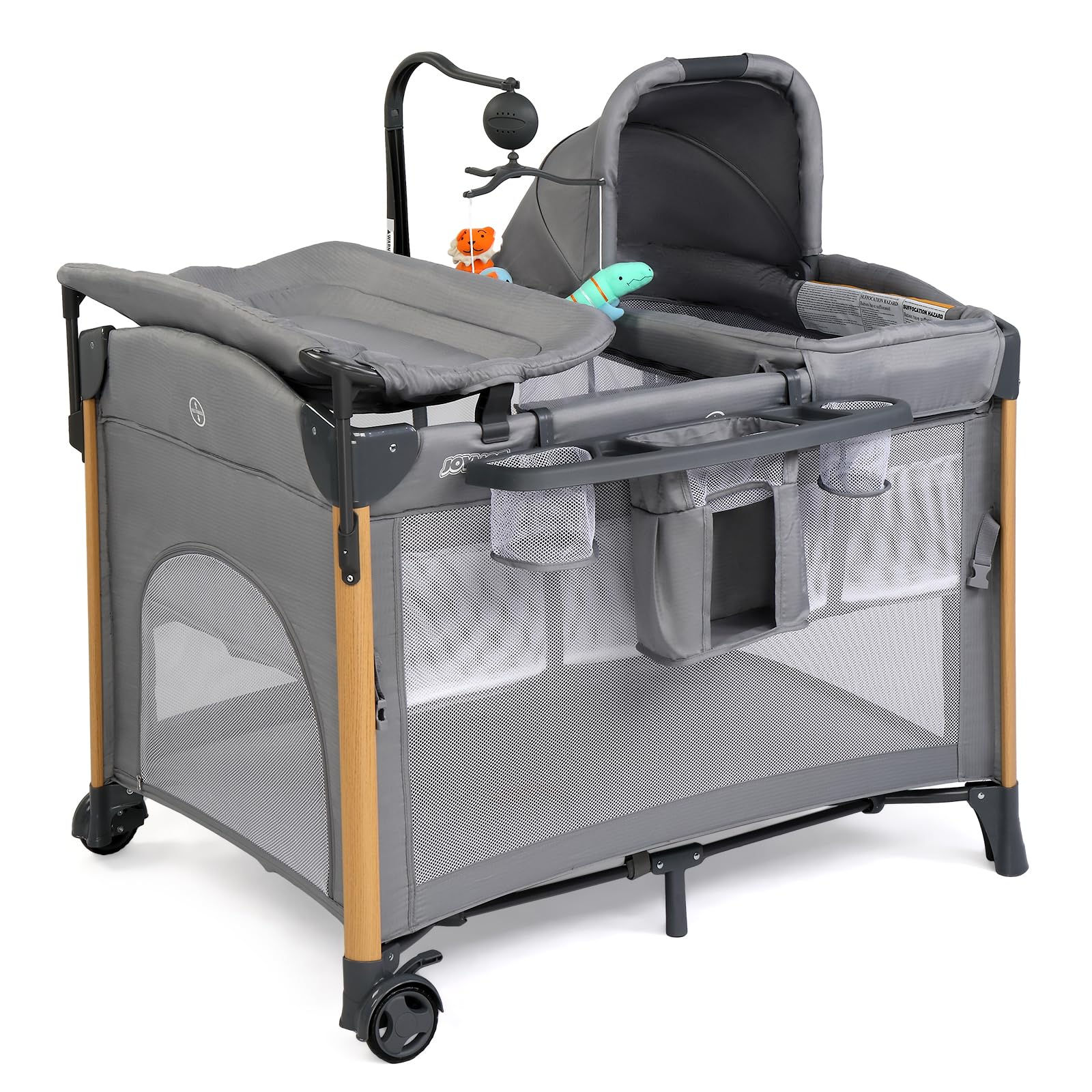 JOYMOR 7-in-1 Baby Bassinet with Changing Table | All-in-One Nursery Center | Bedside Sleeper with Mattress, Sheet & Canopy | Storage Shelf & Hanging Toys | Gray | Perfect for Newborns & Infants in Nursery or Bedroom