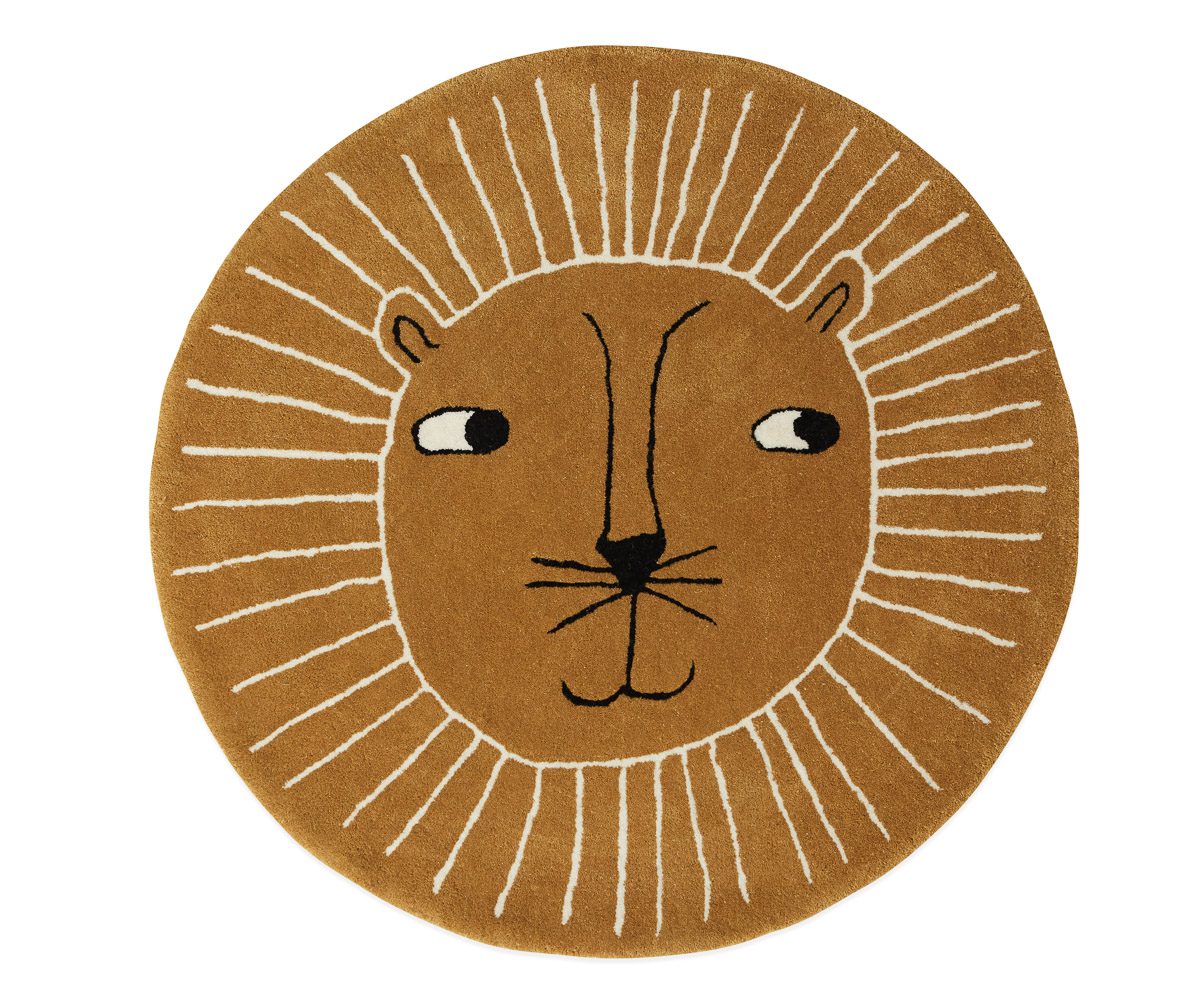 OYOY Kids Floor Rug with Lion Design - 95cm Round Soft Play Mat for Nursery, Playroom & Bedroom - Non-Slip Baby Rug for Toddlers & Children