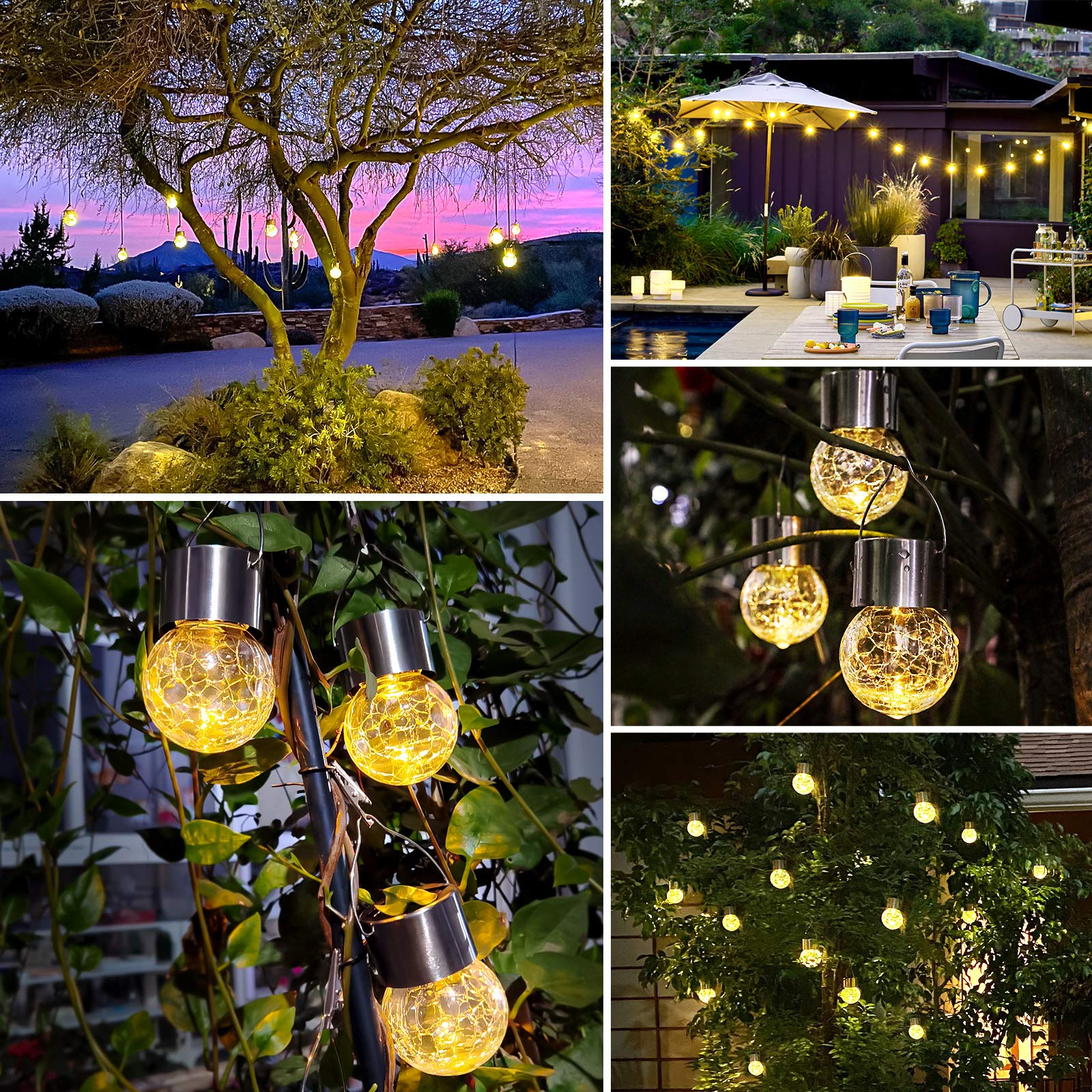 12 Pack Solar Powered Outdoor Hanging Lights - Waterproof Cracked Glass LED Ball Lights with Handle for Garden, Yard, Patio, Fence & Christmas Decor - Warm White - Perfect for Backyard, Pathway & Holiday Lighting