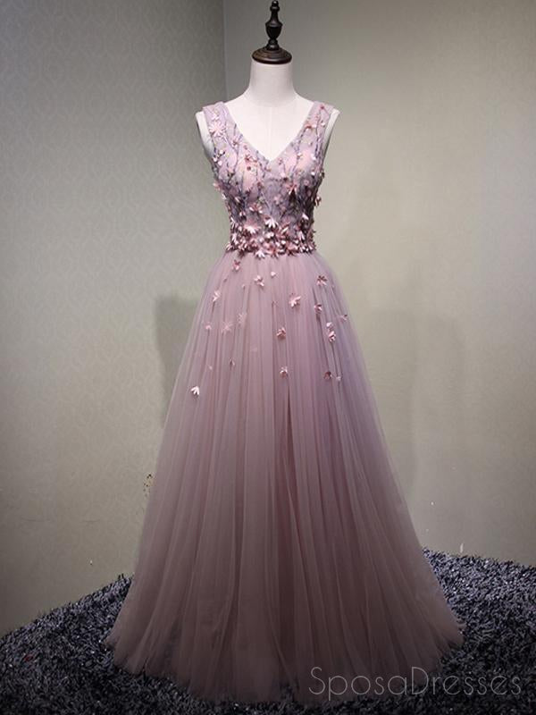 Elegant Pink See-Through V-Neck A-Line Tulle Long Evening Prom Dress 17616 | Formal Gown for Homecoming, Wedding Guest & Special Occasions