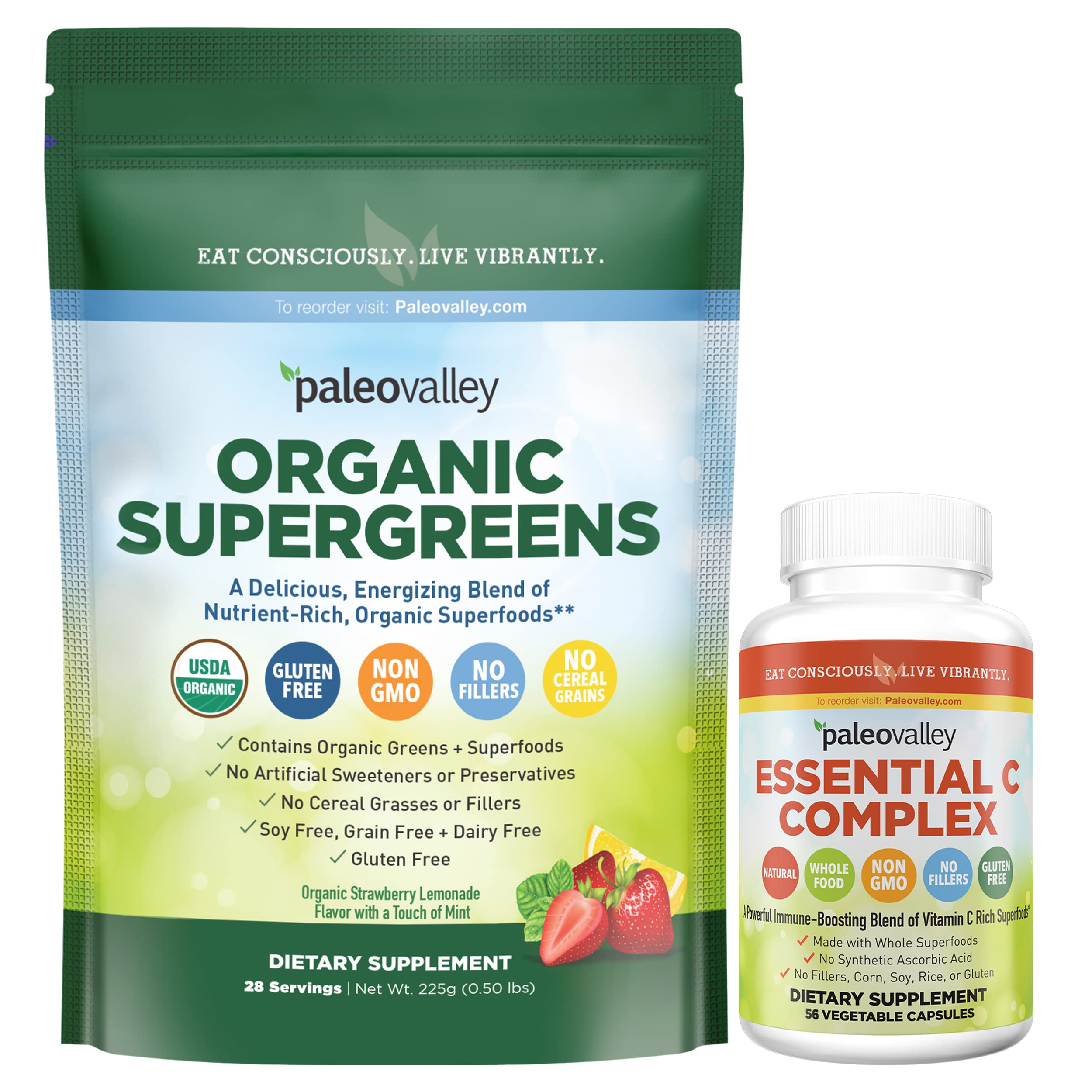 Paleovalley Organic Supergreens & Essential C Complex Bundle - 2-in-1 Immunity Booster with Vitamin C - Brain Supplement & Energy Superfood - Gluten-Free, Non-GMO, No Fillers - Perfect for Daily Wellness & Immune Support