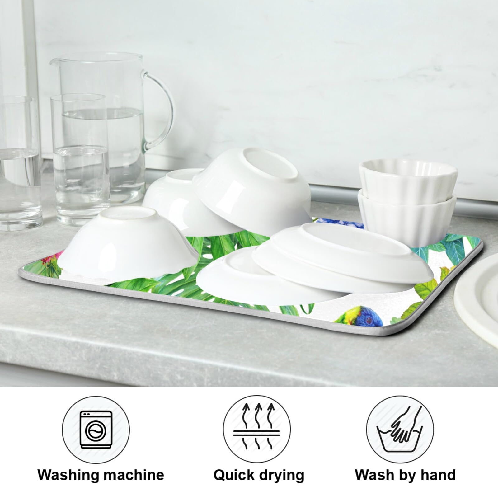 Floral Dish Drying Mat - Absorbent Microfiber Kitchen Counter Mat (18x24 Inches) - Washable & Quick-Drying Dish Rack Pad for Plates, Cups & Utensils - Perfect for Countertop, Sink Side & Dish Drainer Areas