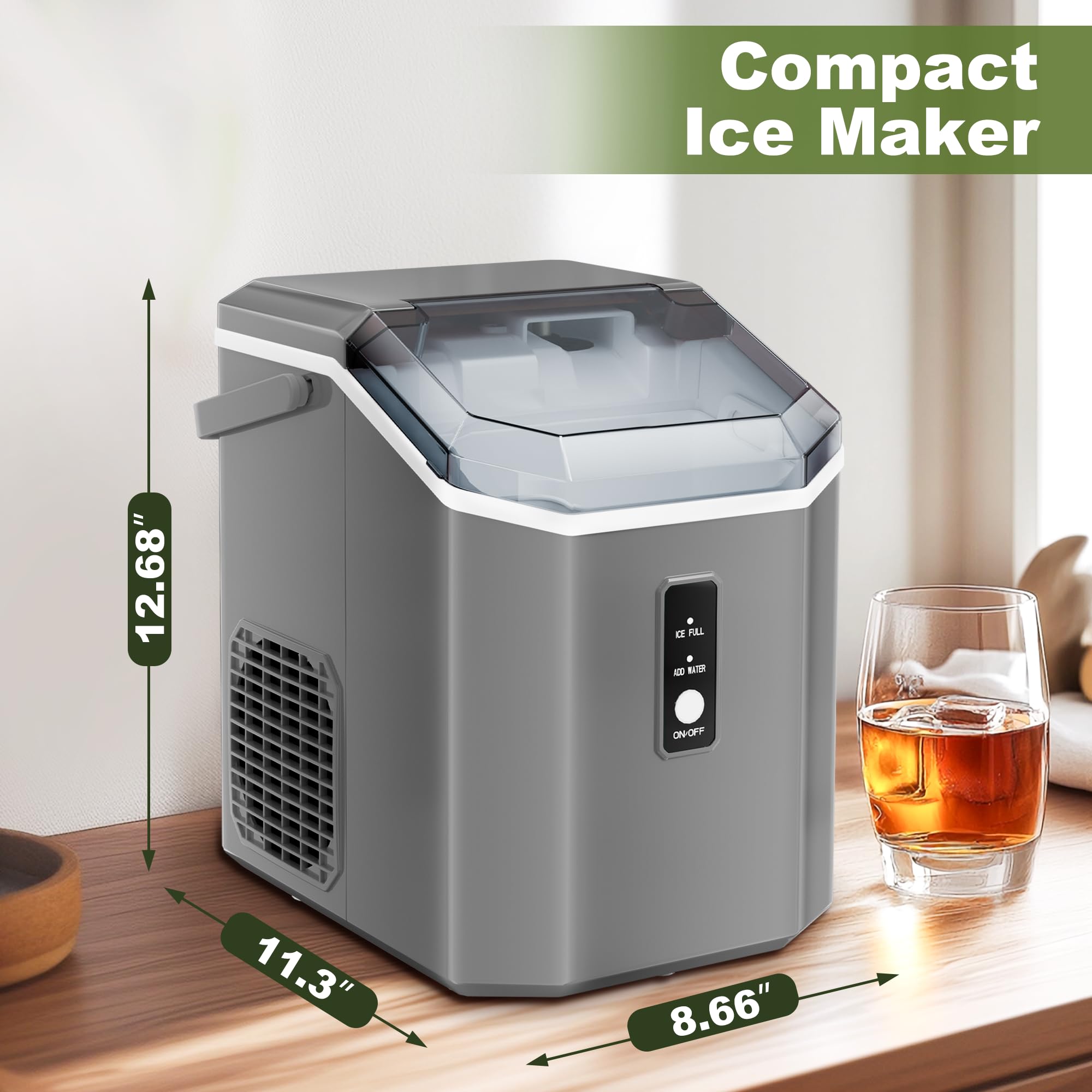 NicBex Countertop Nugget Ice Maker – 34Lbs/24H Self-Cleaning Portable Ice Machine with One-Button Operation – Perfect for Kitchen, Bar, Office & Party Use – Makes Chewable Pellet Ice for Cocktails, Sodas & Beverages (Gray)