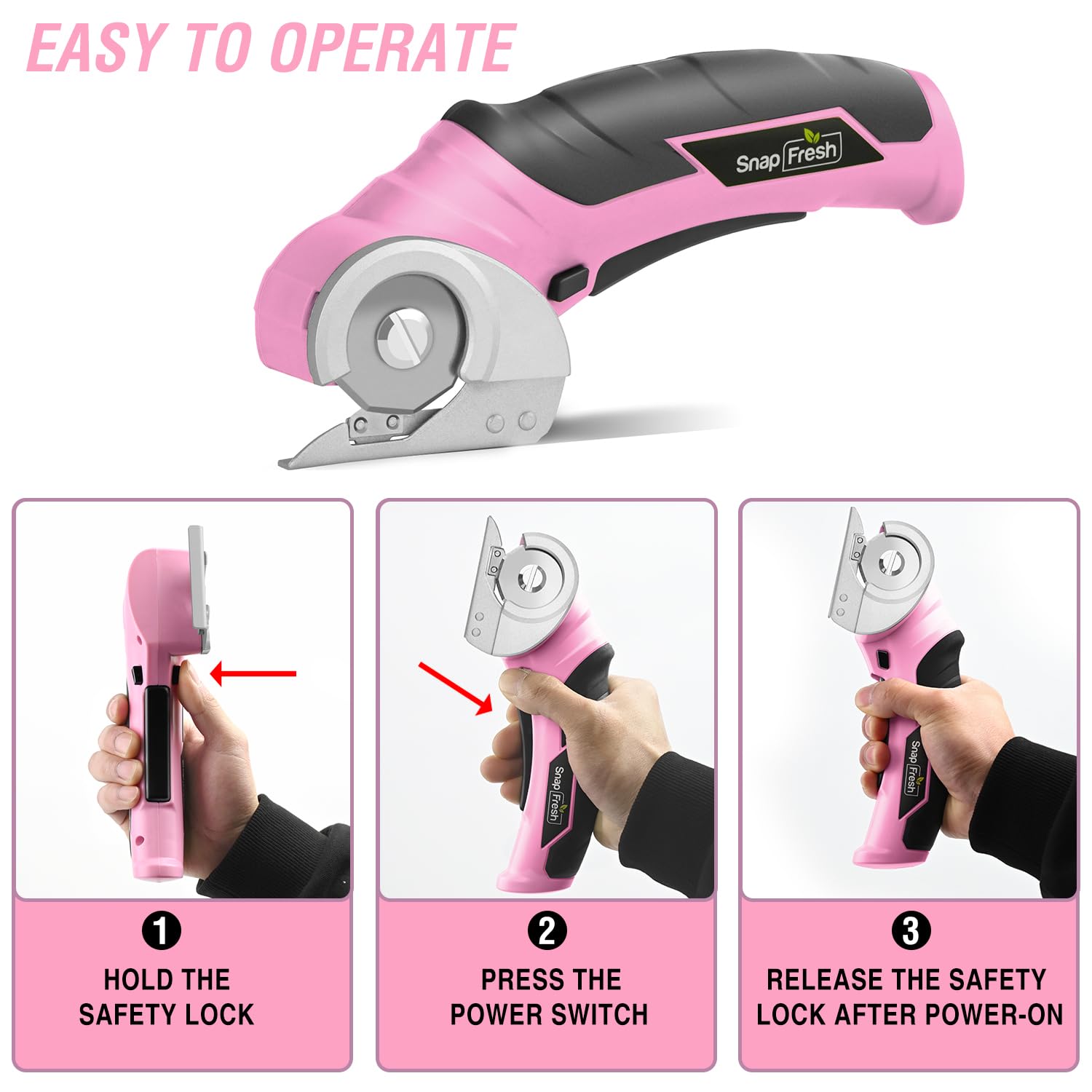 SnapFresh 4V Cordless Electric Scissors - Self-Sharpening Rotary Cutter for Cardboard, Plastic, Leather, Packages, Carpet & Boxes | Mini Electric Scissors for DIY Crafts, Home Improvement, Office & Warehouse Use (Pink)