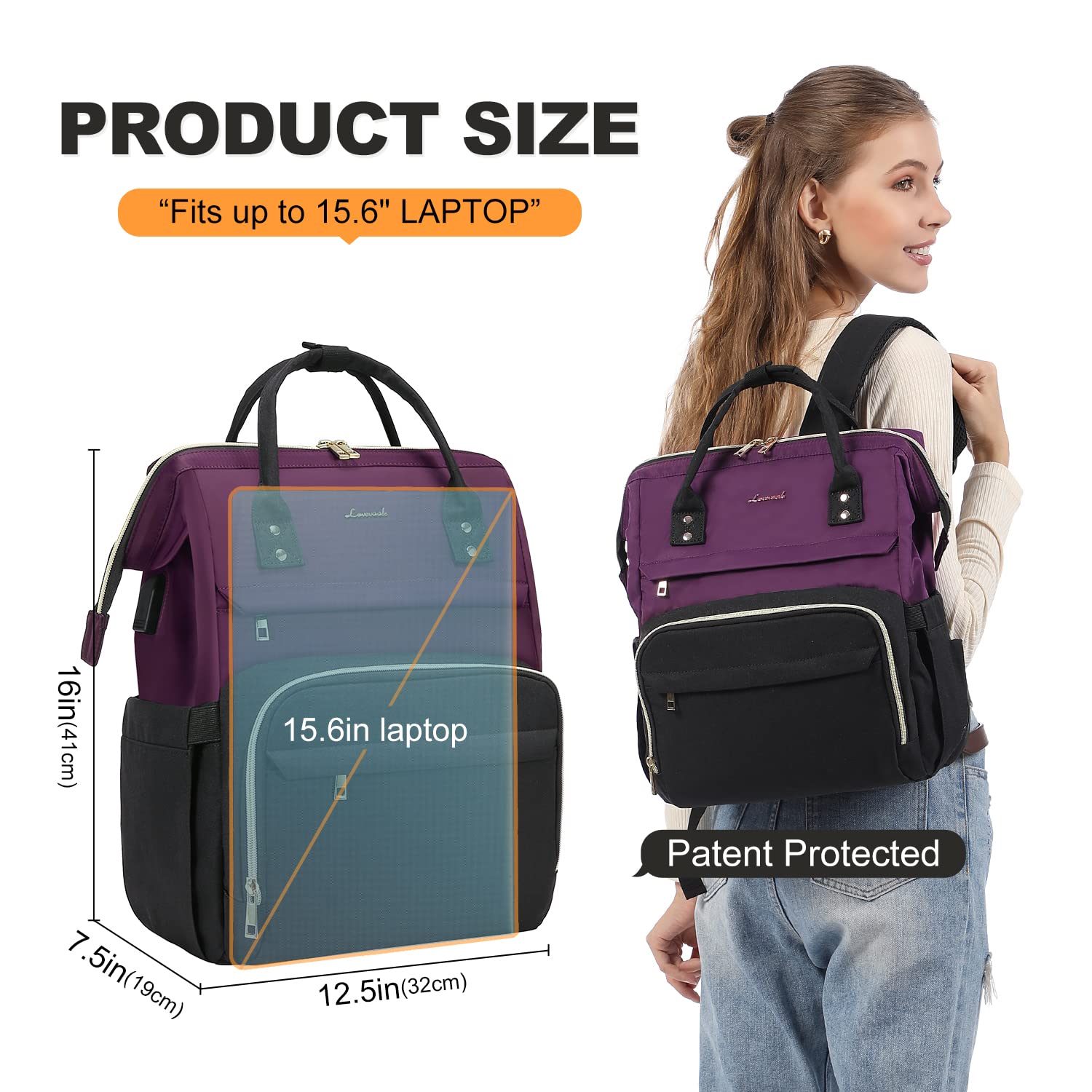 LOVEVOOK Women's Fashion Business Laptop Backpack with USB Port - 15.6-Inch Travel, Work, and School Bag in Dark Purple-Black for Professionals and Students