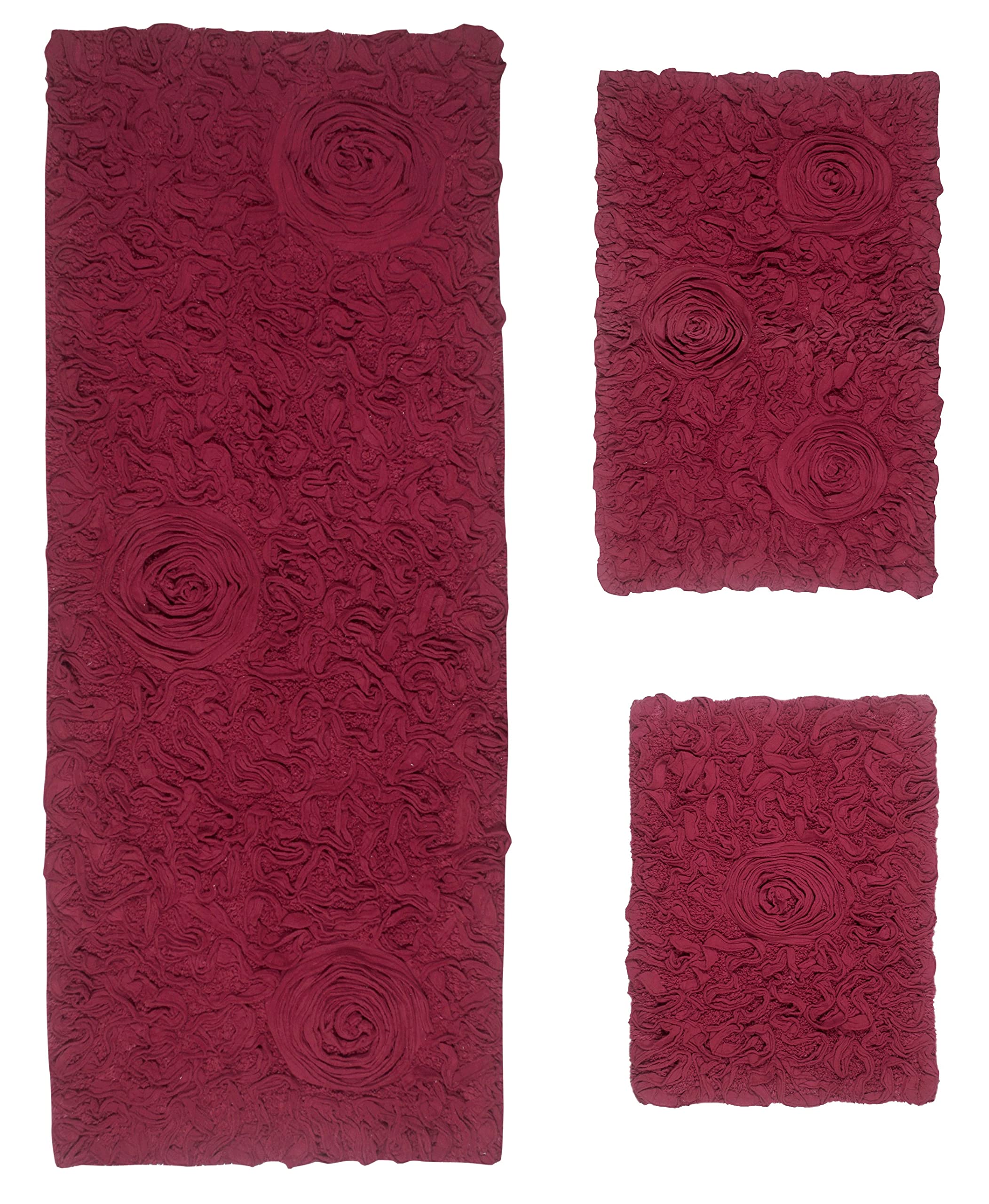 Premium 100% Cotton Tufted Bath Rugs Set - Ultra Soft & Absorbent Non-Slip Bath Mats - Machine Washable Bathroom Floor Mats - 3 Piece Set with Runner (Red) - Perfect for Master Bath, Guest Bath & Spa Retreats