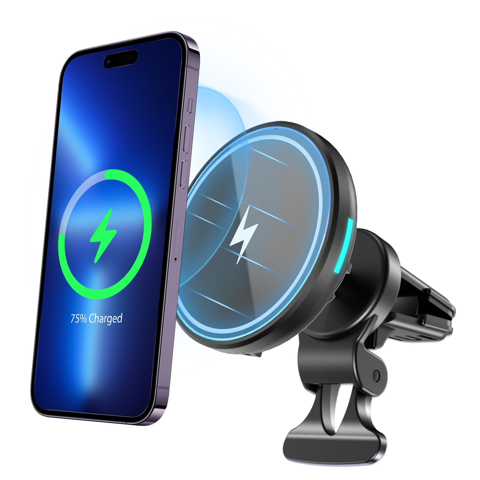 Kazumi Magnetic Wireless Car Charger - Strong Magnetic 360° Adjustable Phone Holder, Compatible with MagSafe, iPhone 14/13/12, Samsung Galaxy S23/S22, Google Pixel, LG | Perfect for Safe Hands-Free Charging While Driving