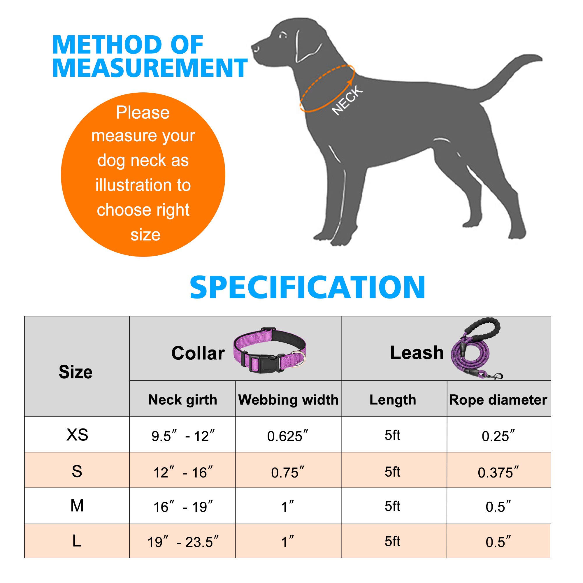 Reflective Adjustable Dog Collar with Soft Neoprene Padding - Breathable Nylon Pet Collar for Small, Medium & Large Dogs - Purple Collar & Leash Set (Perfect for Night Walks, Jogging & Outdoor Adventures)