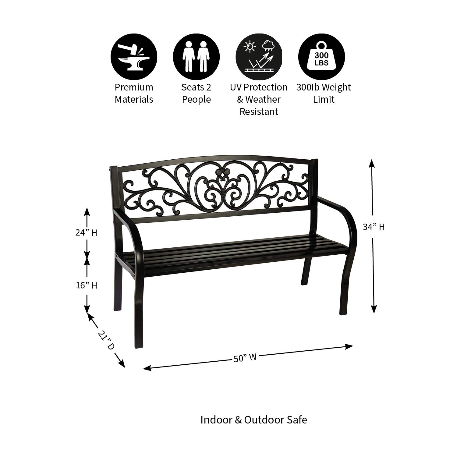 Evergreen Weatherproof Outdoor Bench for Garden, Patio, Porch & Park - Heavy Duty Steel Frame Supports 300 lbs - Perfect for Relaxing in Blooming Gardens, Decks & Outdoor Spaces - Black
