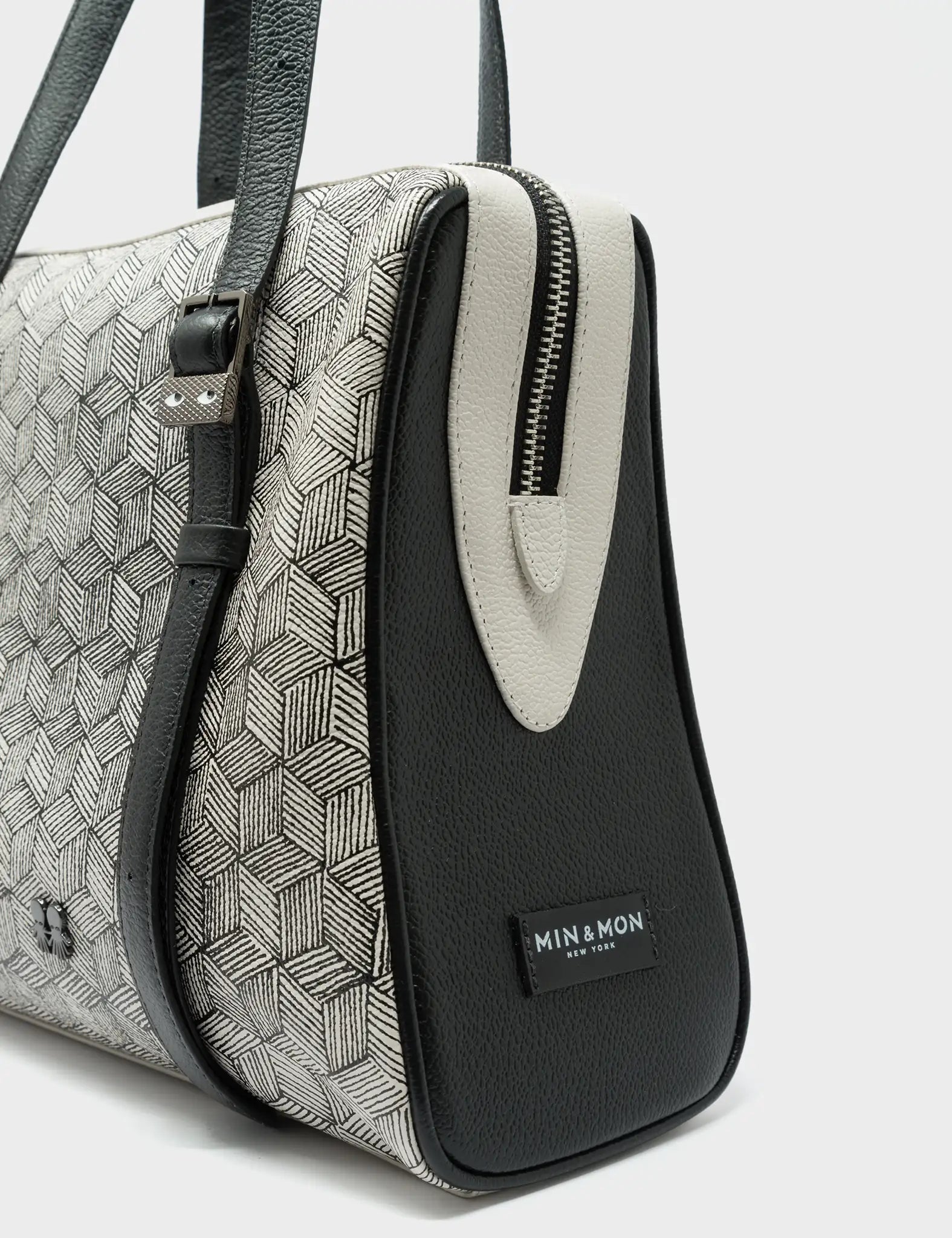 Esther Cream and Black Satchel Handbag with Cubes Design - Stylish Crossbody Purse for Women, Perfect for Work, Travel and Everyday Use