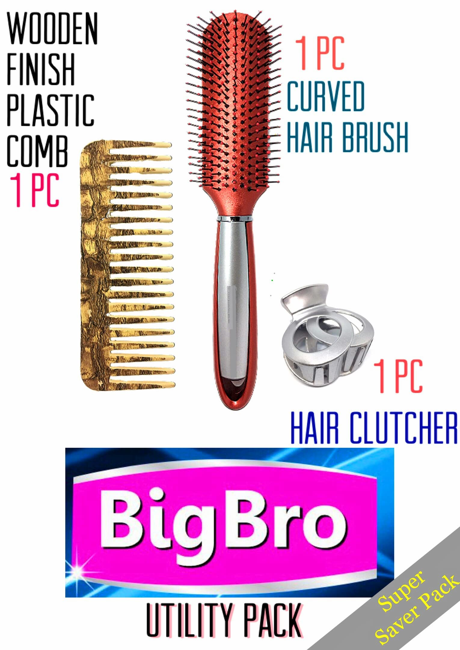 BigBro Hair Styling Kit - Wooden Finish Curved Brush, Wide Tooth Comb & Hair Clutch for Women, Men & Kids | Perfect for Detangling, Styling & Travel | 3-Piece Combo
