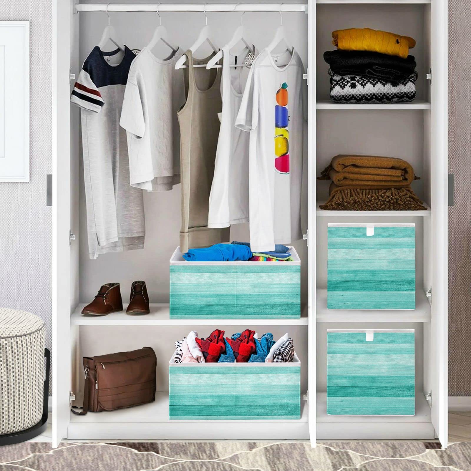 Foldable Collapsible Storage Baskets - Teal Turquoise Green Fabric Storage Box Organizer for Shelves, Closet, Pantry (11x11 Inch) - Perfect for Clothes, Toys, Books & Home Office Organization