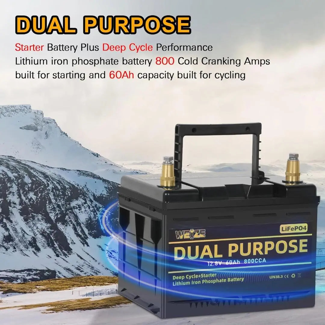 WEIZE 12V 60AH LiFePO4 Lithium Battery - Dual Purpose Starter & Deep Cycle Battery for Marine, RV, Solar - Perfect for Boats, Campers, Off-Grid Power & Backup Energy Storage
