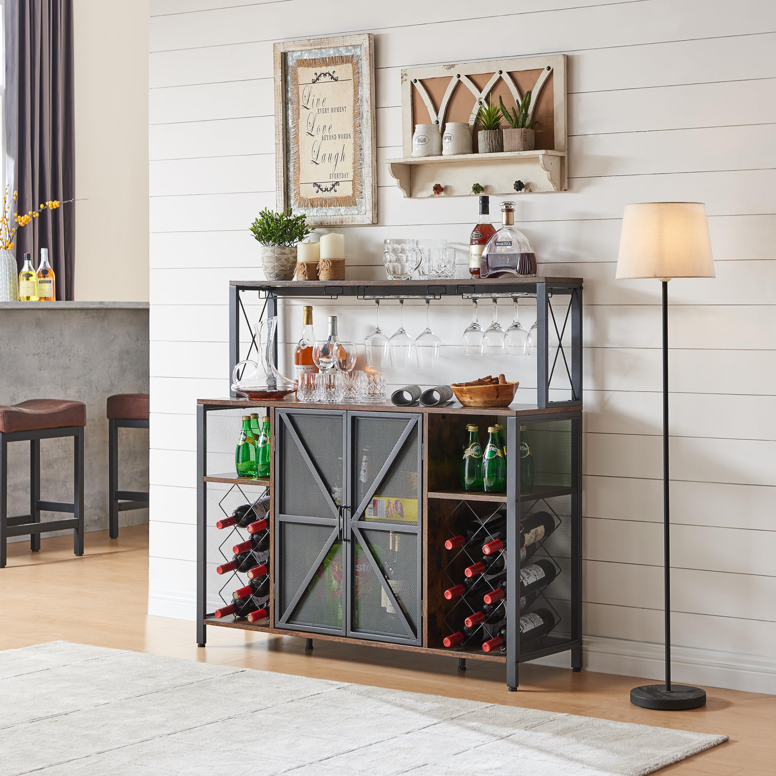 Industrial Coffee Bar Cabinet with Storage - Rustic Brown Sideboard Buffet for Kitchen, Dining Room & Bar | Wine Rack, Glass Holder & Liquor Storage | Perfect for Home Entertaining, Coffee Station & Wine Display (47.2