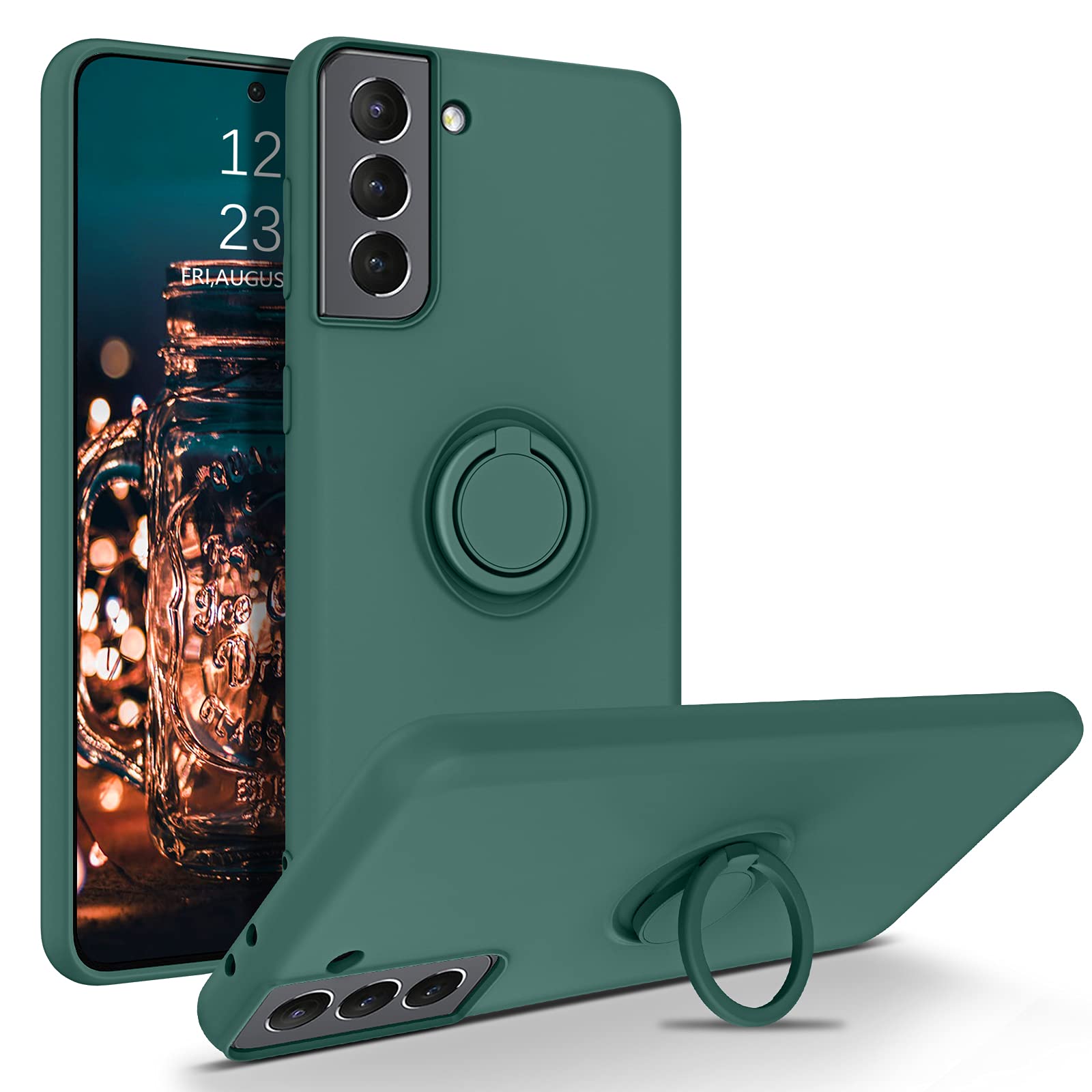 Samsung Galaxy S21 5G Case with Ring Holder & Kickstand - Slim Shockproof Hybrid Cover [6.2 Inch] - Soft Silicone Non-Slip Bumper for Women & Men - Perfect for Work, Travel & Daily Protection (Deep Green)
