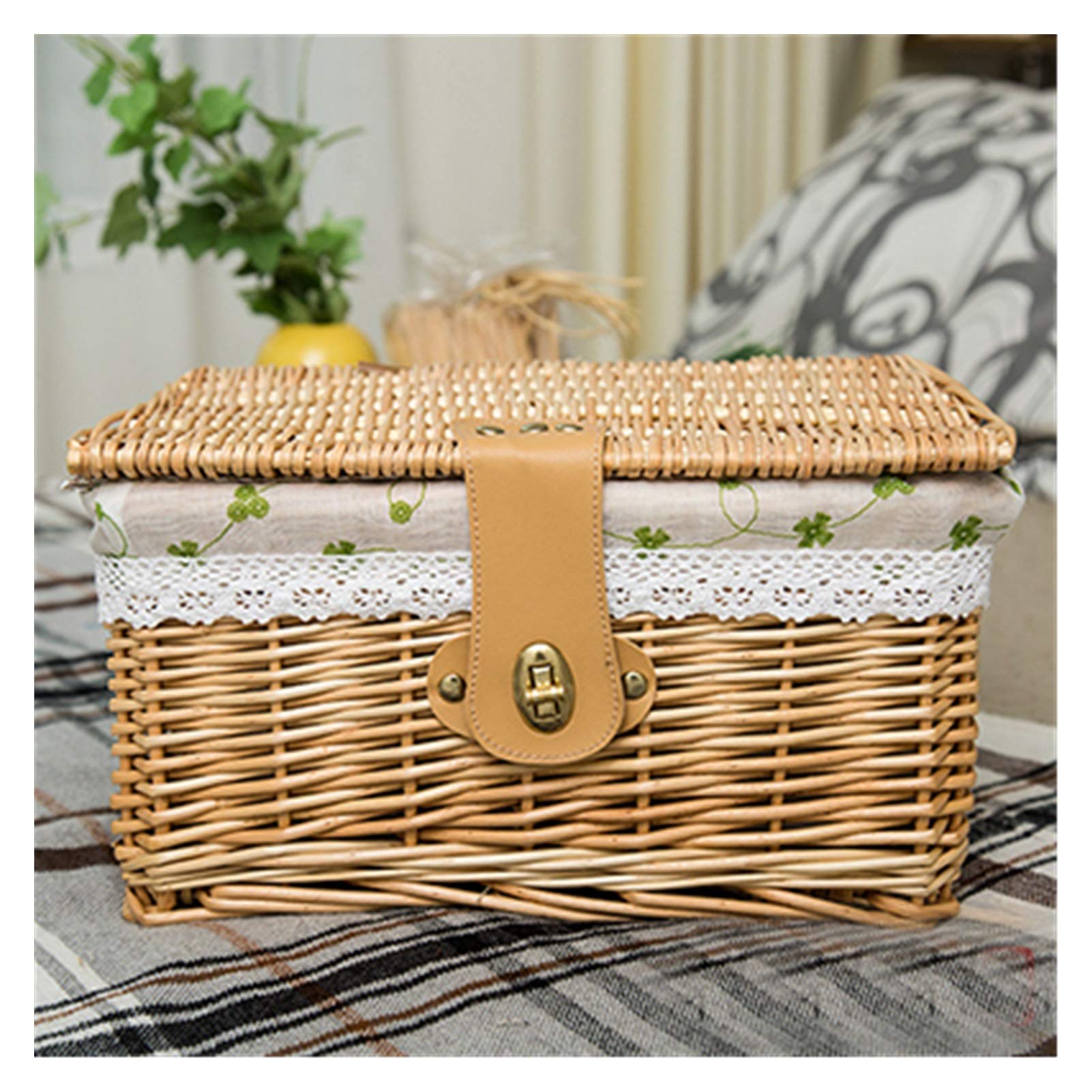 SUOER FAN Bamboo Woven Storage Basket with Lid & Lock - Medium Beige Grass Organizer Box for Clothes, Toys & Home Sundries | Perfect for Nursery, Living Room & Bedroom Organization