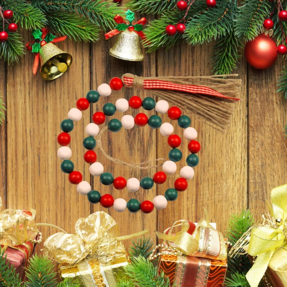 Natural Wood Bead Garland with Tassel - Boho Wall Hanging Decor for Valentine's Day, Farmhouse & Holiday Decorations | Red, Green, White Wooden Beads for Bedroom, Living Room & Wedding Decor