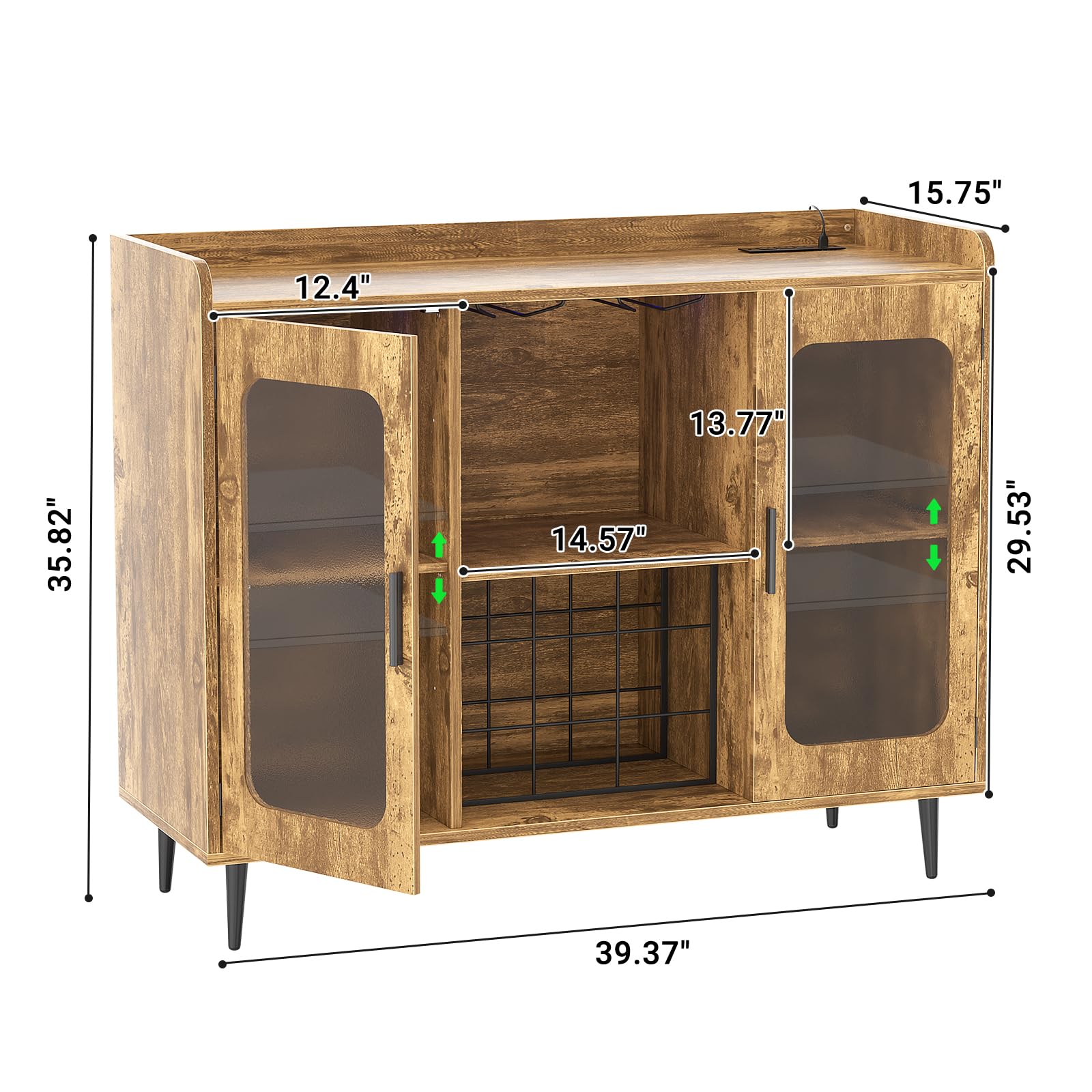 Modern Liquor Cabinet Bar with Built-in Power Outlet & LED Lighting - Wine Storage Cabinet with Glass Rack, Coffee Bar Station, Buffet Sideboard with Storage Shelves for Kitchen & Dining Room - Rustic Brown Finish - Perfect for Home Entertaining & Small Space Organization