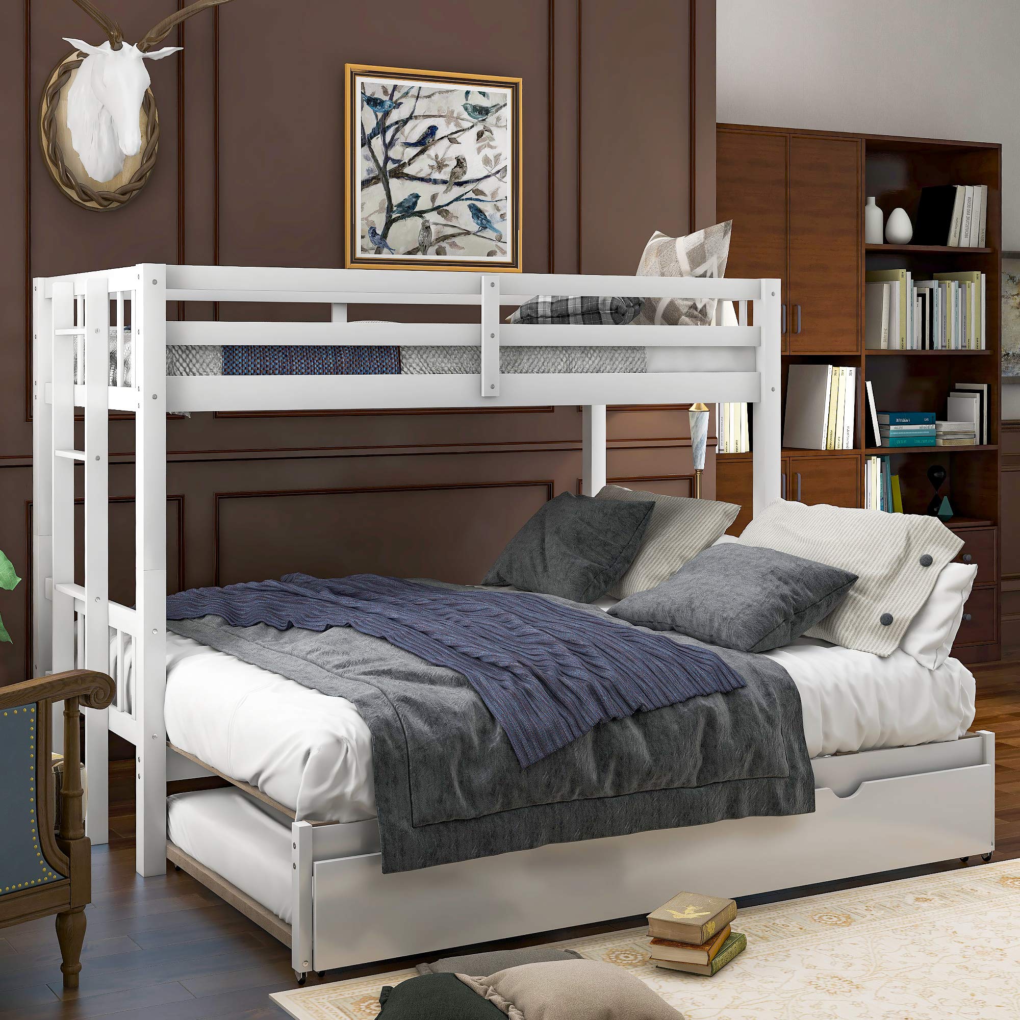 KLMM Twin Over Pull-Out Bunk Bed with Trundle - Solid Wood Twin/Twin, Twin/Full, Twin/Queen or Twin/King Size - Extendable Bunk Bed with Ladder & Safety Rail for Kids & Adults - Space Saving Solution for Small Bedrooms, Guest Rooms & Vacation Homes (White)