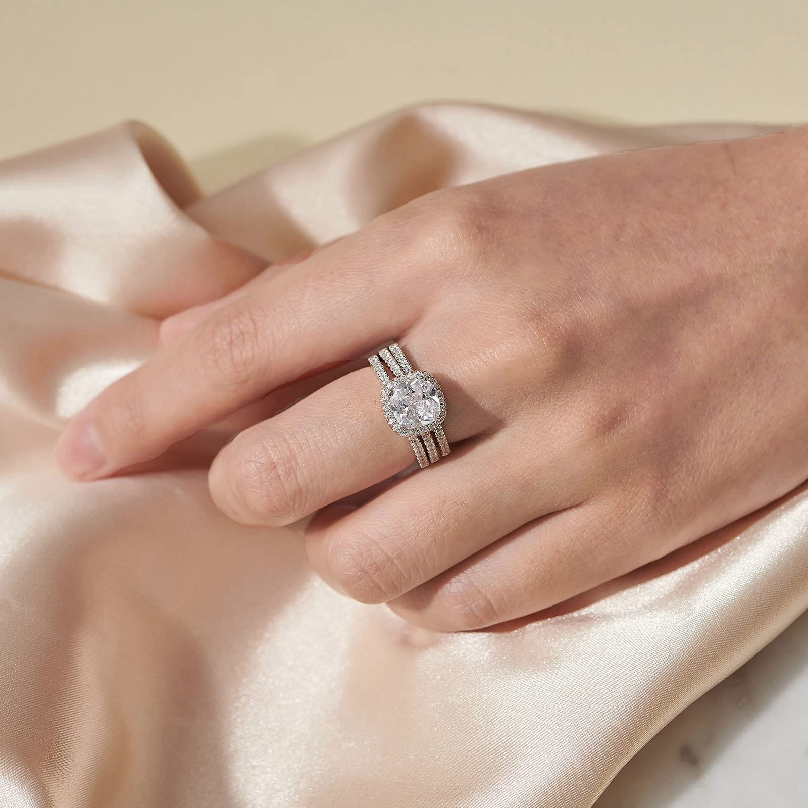 2.66CT Cushion Halo CZ Wedding Engagement Ring Set for Women - 925 Sterling Silver Bridal Promise Ring Enhancer - Size 4-12 - Perfect for Proposals, Anniversaries & Special Occasions