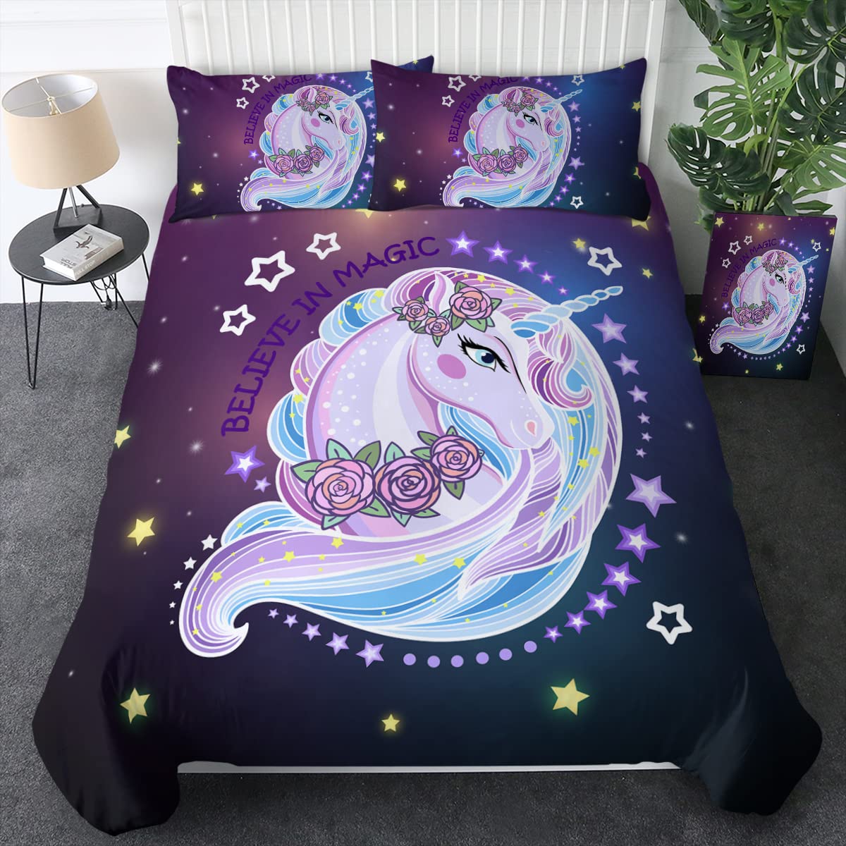 Glow in The Dark Unicorn Twin Bedding Set for Girls - 3 Piece Purple Unicorn Duvet Cover with Star Space Design | Soft Unicorn Rose Comforter Cover for Kids & Teens | Perfect for Bedrooms, Sleepovers & Themed Rooms (Twin Size)