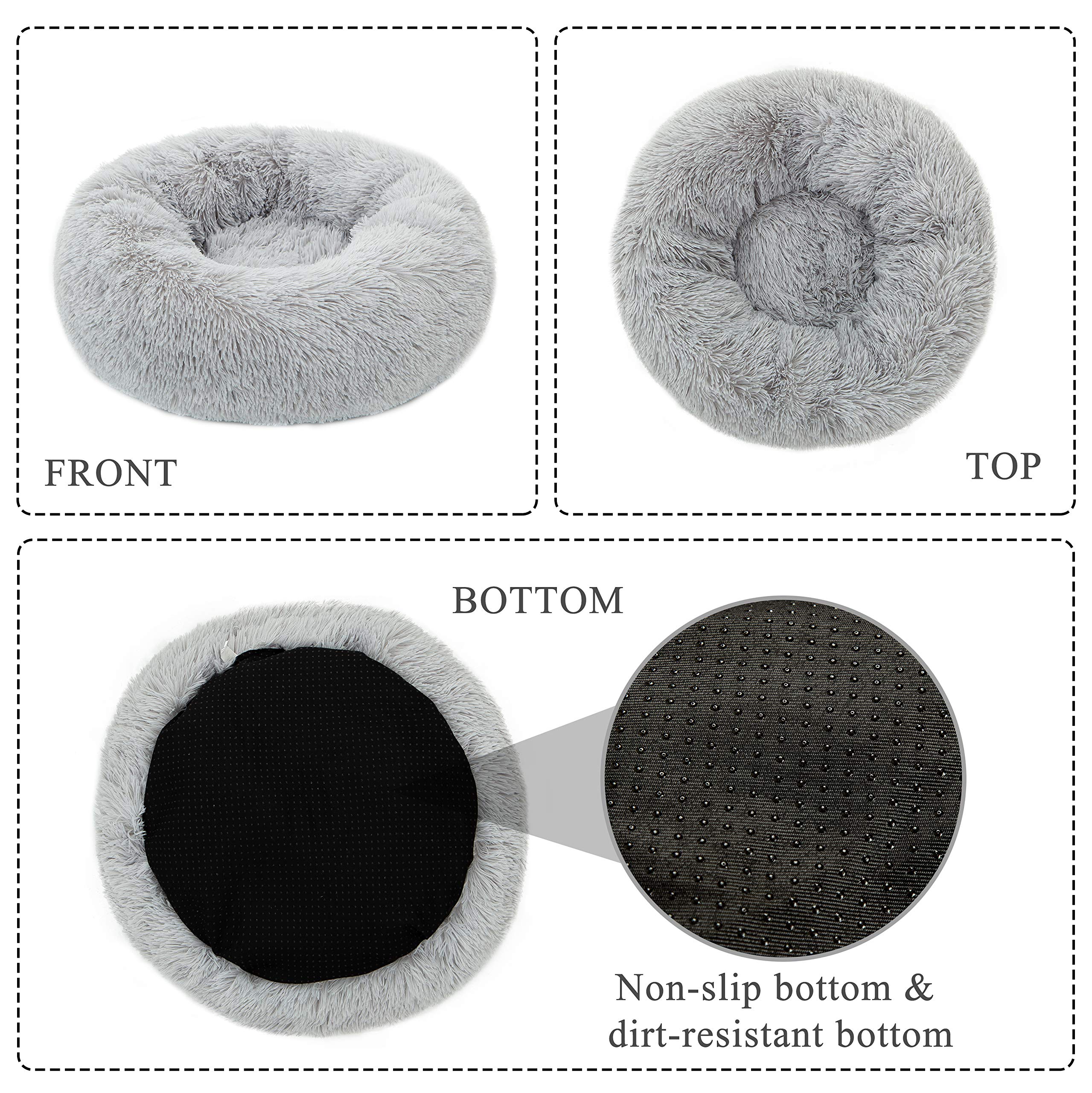 Plush Round Faux Fur Dog & Cat Bed - Self-Warming Calming Pet Cushion for Small Pets, Anti-Anxiety Cozy Bolster Bed (20