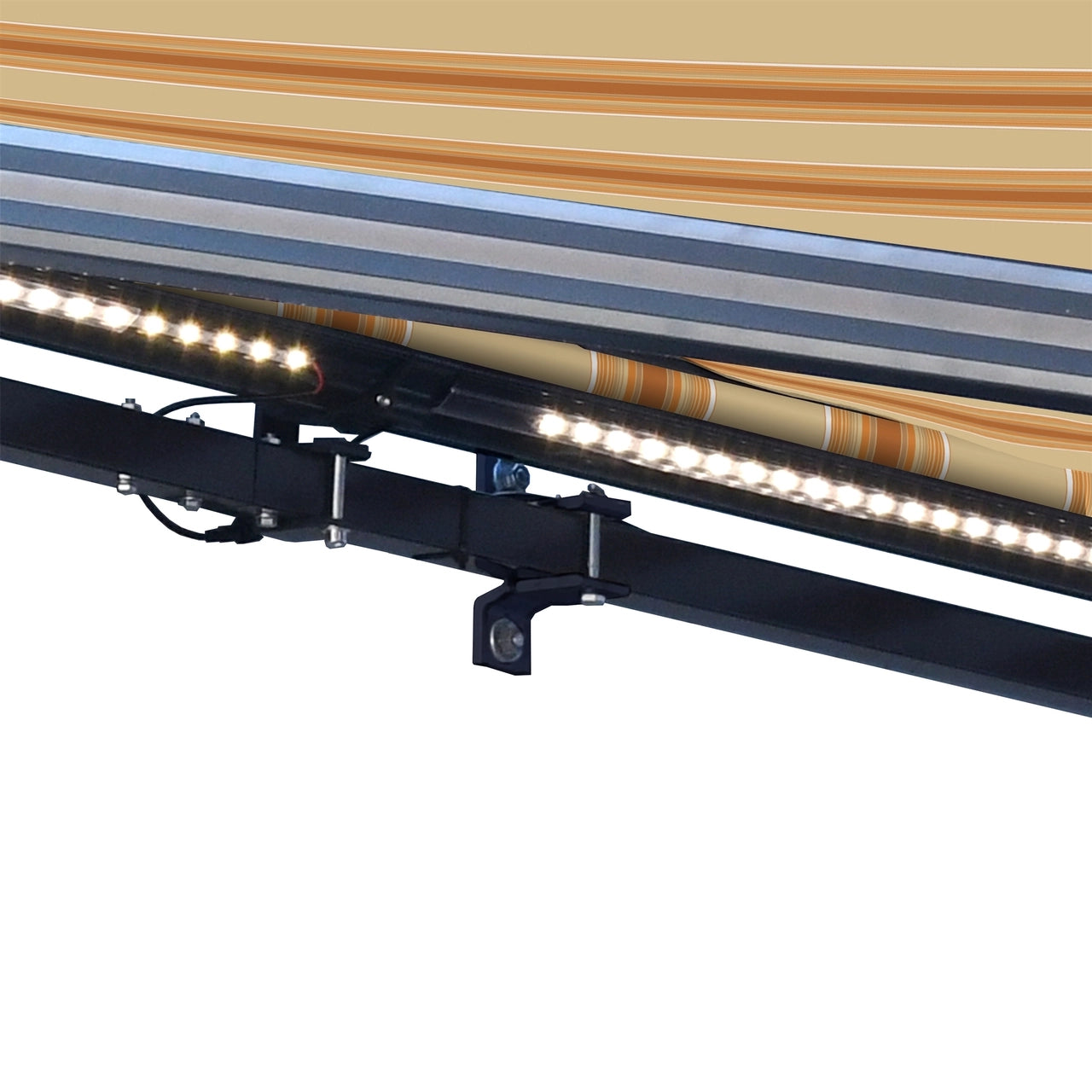 20x10ft Aleko Half Cassette Motorized Retractable LED Patio Awning - Multi-Striped Yellow Luxury Sunshade for Outdoor Decks, Gardens & Poolside Relaxation