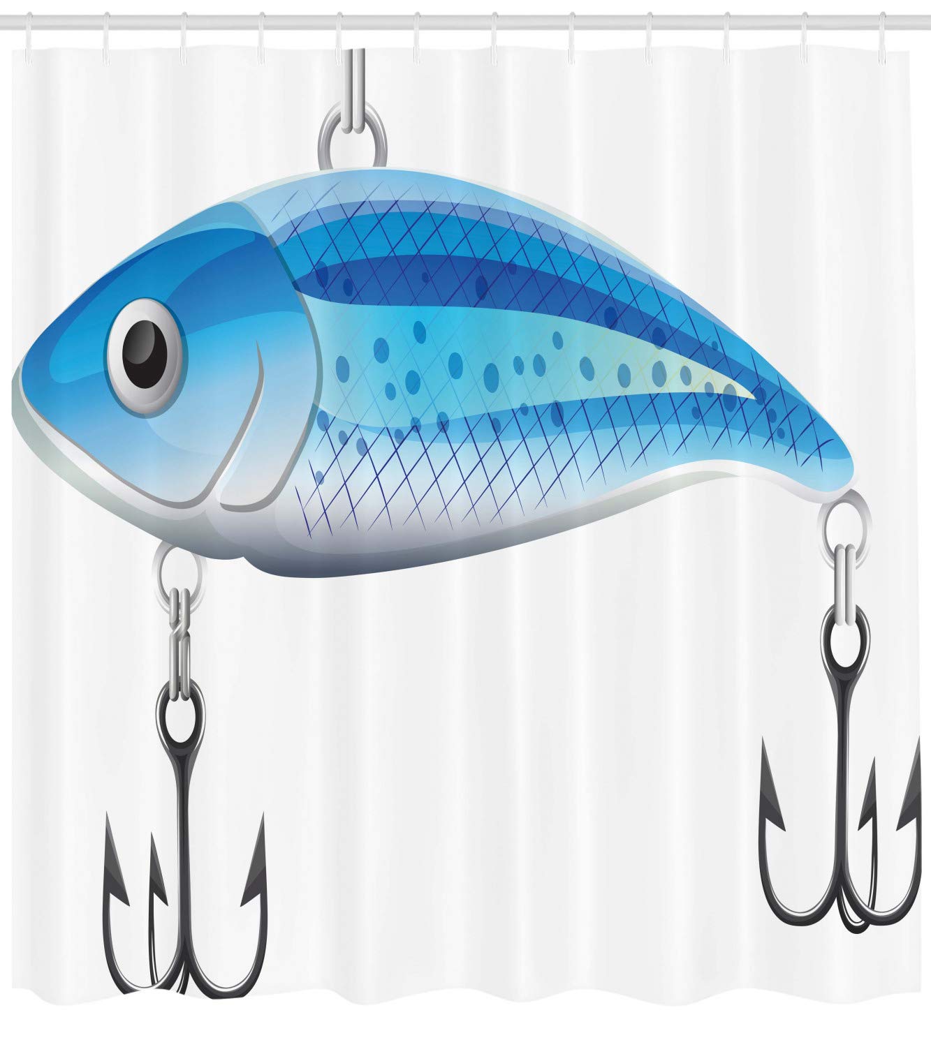 Ambesonne Fishing Theme Shower Curtain - Angling Elements with Artificial Fish Bait Hooks on Plain Background - 69x84 Inch Sky Blue & White Cloth Fabric Bathroom Decor - Perfect for Angler's Bathroom, Fishing Lodge, or Nautical Themed Home Decor