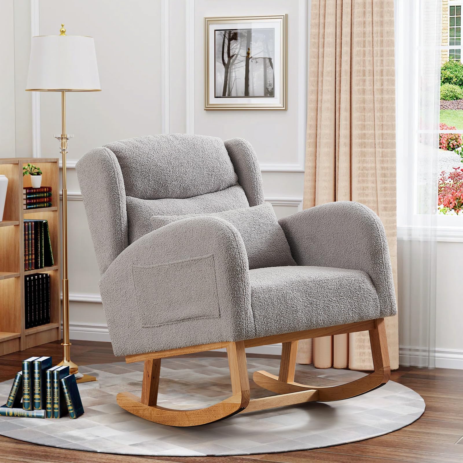 Antetek Modern Grey Teddy Upholstered Nursery Rocking Chair - High Backrest Wingback Accent Armchair with Lumbar Support - Perfect for Nursery, Living Room & Bedroom Relaxation (Grey)