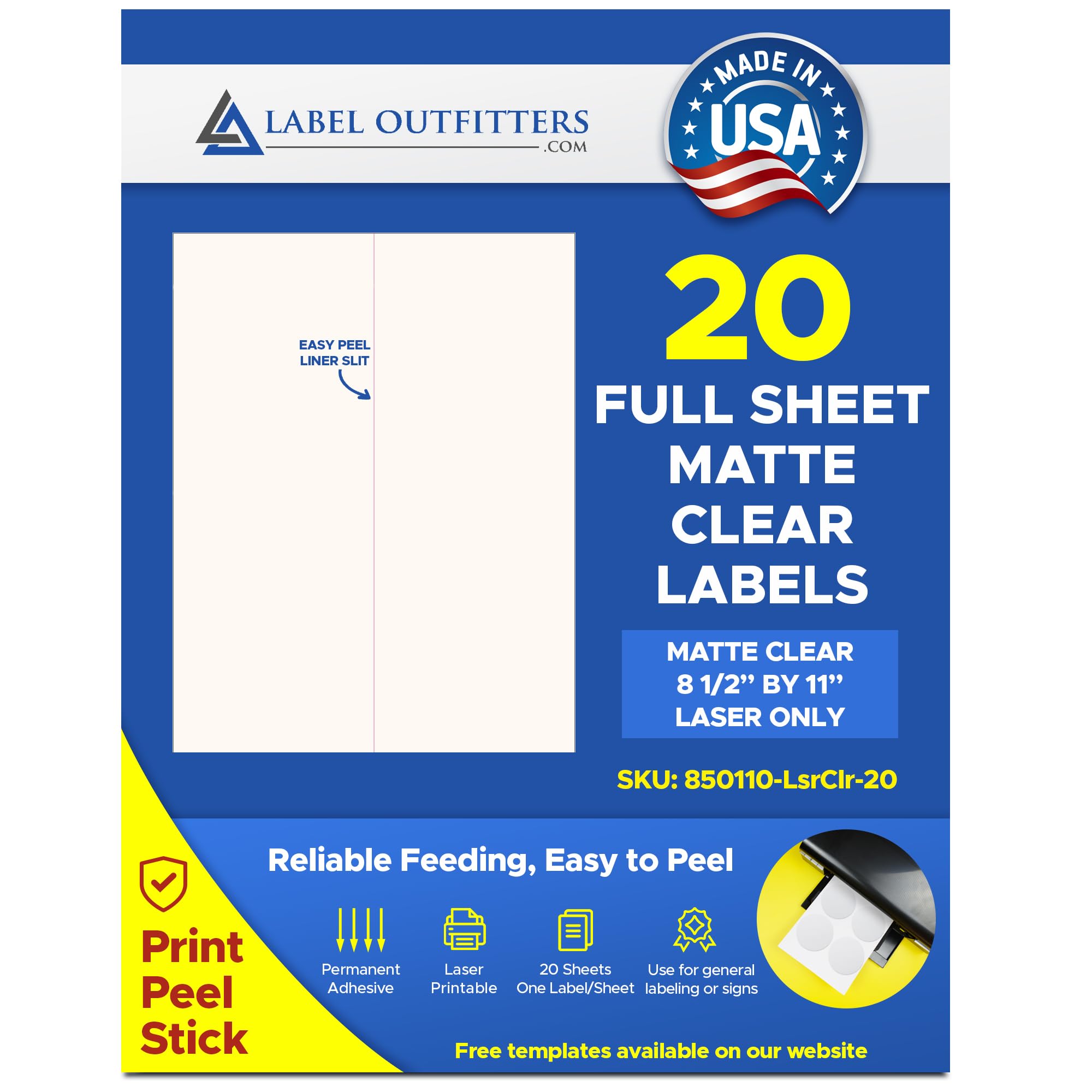 20 Label Outfitters® Laser ONLY Clear Matte Full Sheet Labels - 8.5