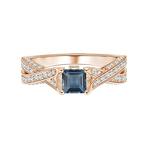 0.75 CTW London Blue Topaz Engagement Ring - 925 Sterling Silver Rose Gold Plated Square Cut Crossover Ring for Women, Wedding Proposal, Anniversary Gift, Bridal Jewelry