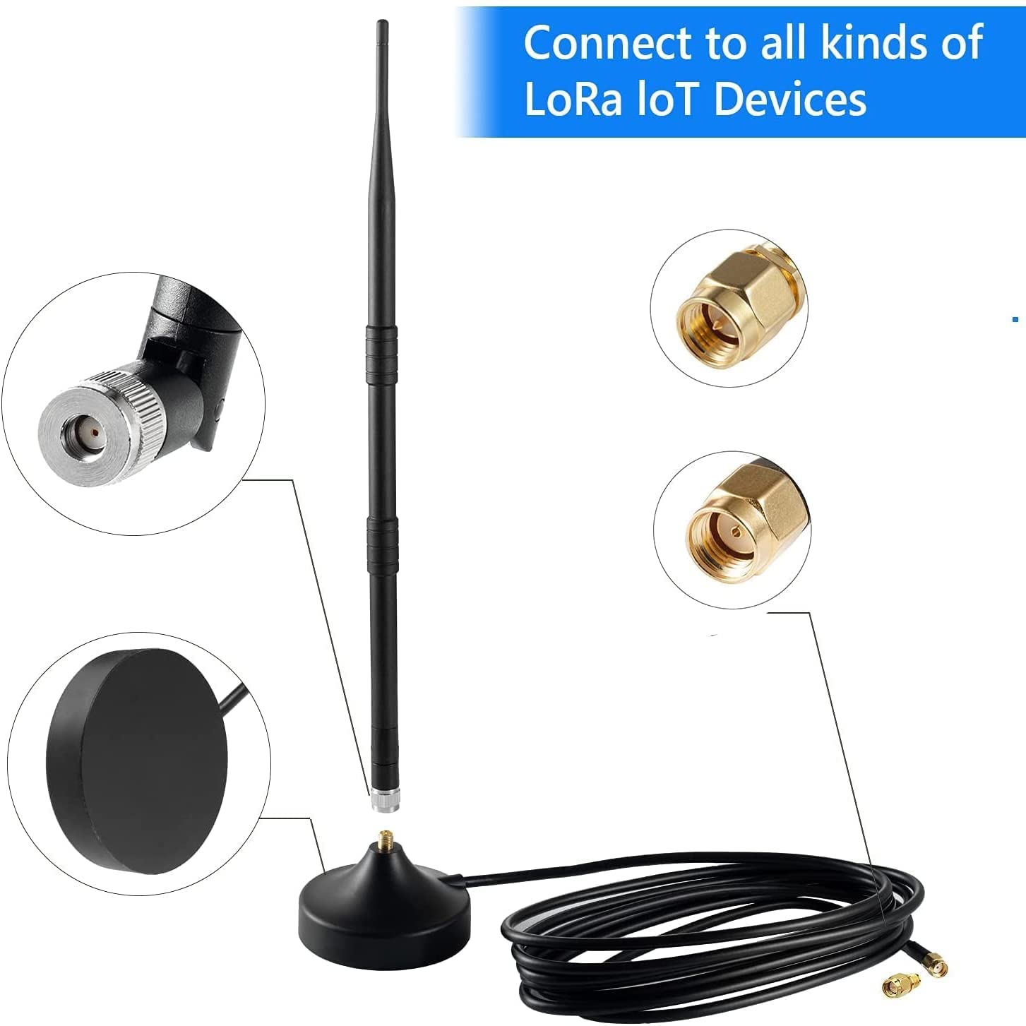 High Gain 8dBi Indoor 915MHz Magnetic Base LoRa Gateway Antenna with 3M/10FT Cable - Compatible with Helium Hotspot, RAK, MNTD, Nebra Bobcat 300, SenseCAP M1, SyncroB.it, Finestra HNT Miner - Perfect for Long-Range IoT Connectivity in Smart Homes & Offices