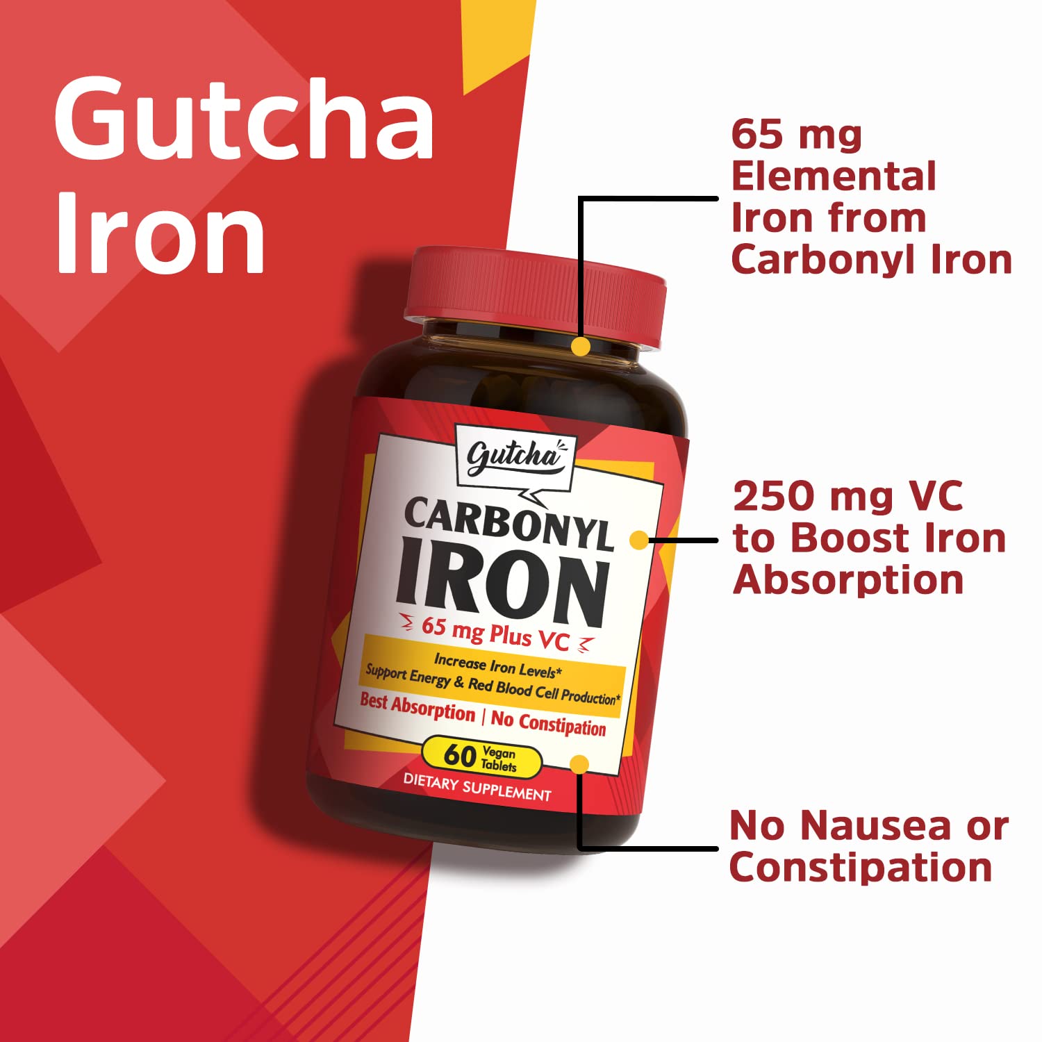 65mg Carbonyl Iron Supplement with Vitamin C for Energy & Blood Support - Gentle on Stomach, No Nausea or Constipation - Vegan, Non-GMO (60 Count) - Ideal for Active Adults, Athletes & Vegetarians
