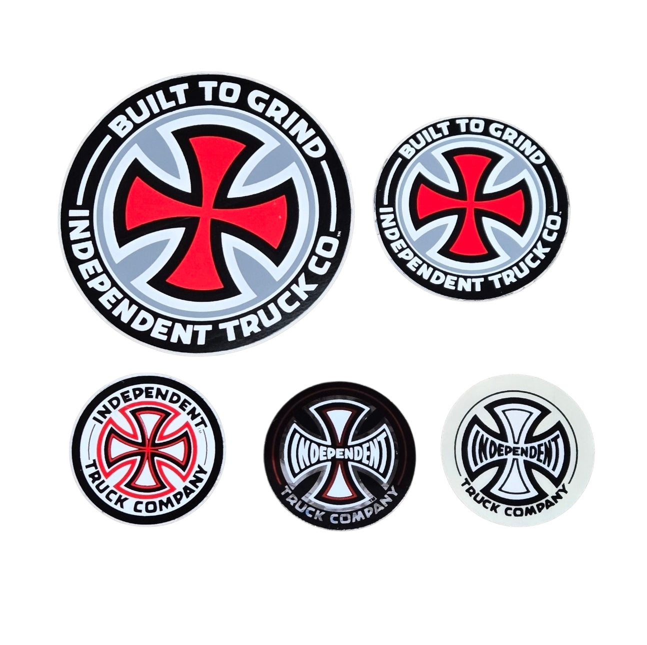 Vintage 80s Iron Cross Independent Trucks Sticker Set - 5 Piece Round Decals for Skateboards, Scooters & Laptops - Retro Skateboarding Accessories