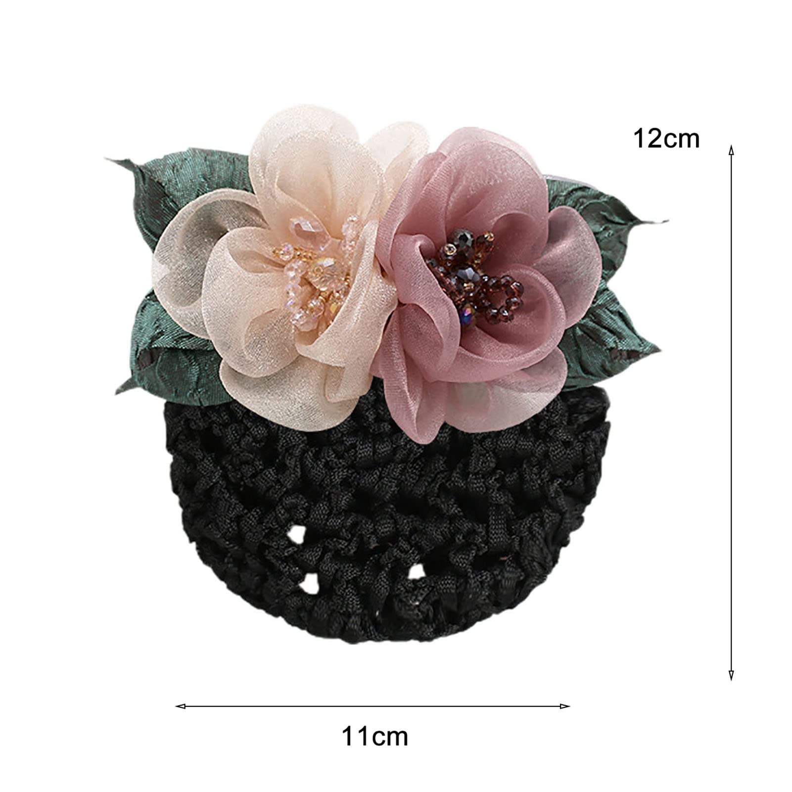 Elegant Crystal Crochet Bun Net Snood with Ribbon Flower Hairpins - Lace Bow Hair Clips & Elastic Mesh Hair Net for Women & Girls (Pink) | Perfect for Office, Weddings, Parties & Everyday Hairstyling