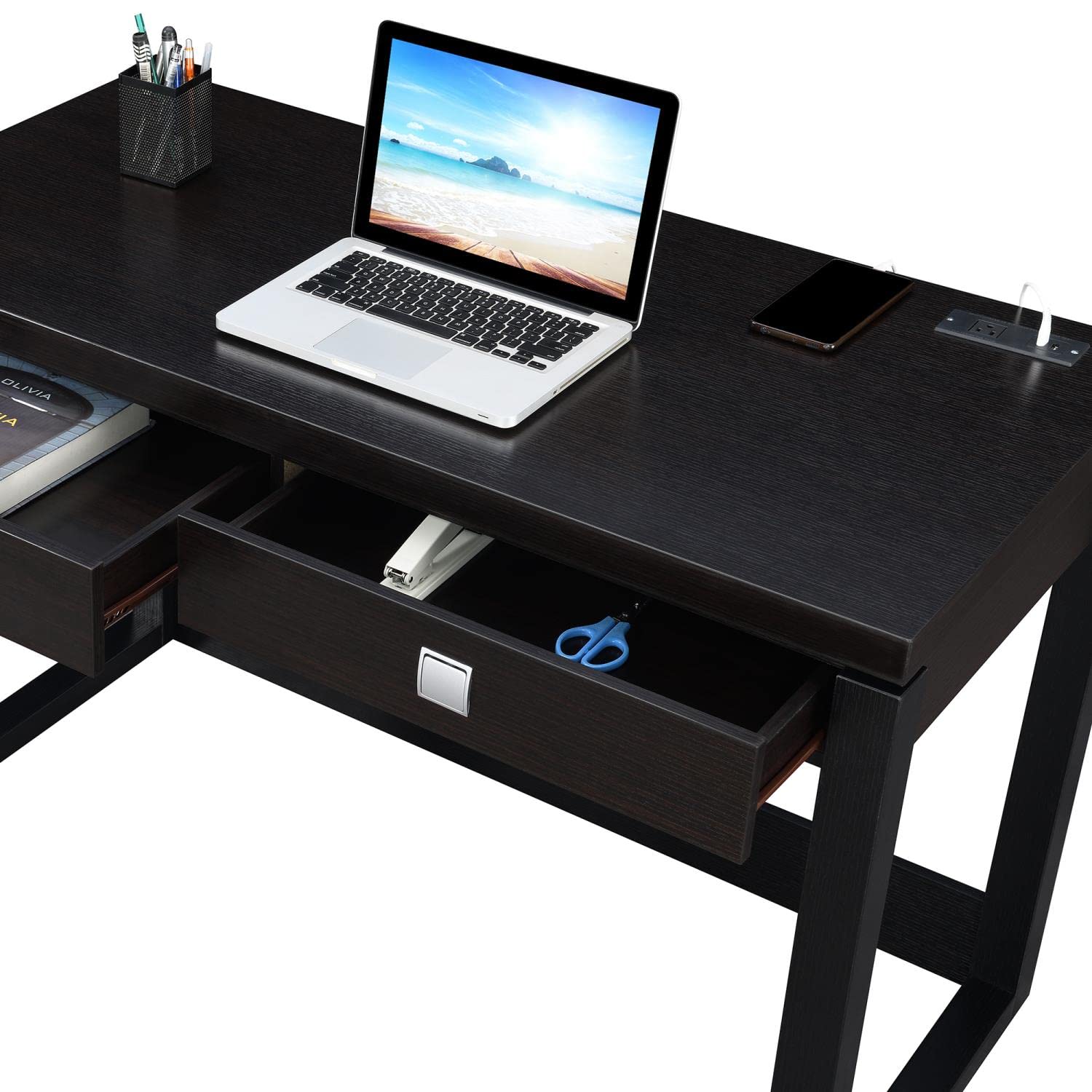 Convenience Concepts Newport 2-Drawer Writing Desk with Built-in USB Charging Station - Espresso/Black Finish - Perfect for Home Office, Study Room & Small Spaces
