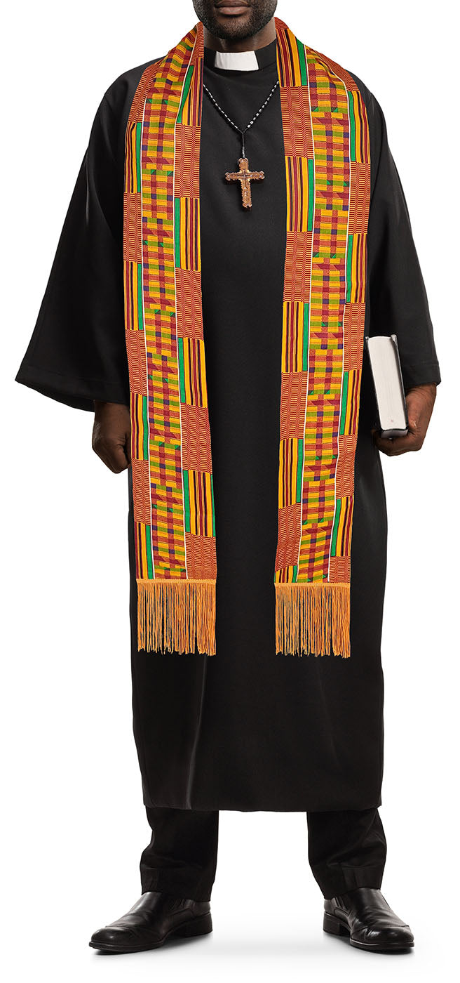 Authentic Kente African Print Clergy Stole with Fringes - Elegant Pastor & Choir Sash for Church Services, Weddings & Religious Ceremonies - DPC0795S