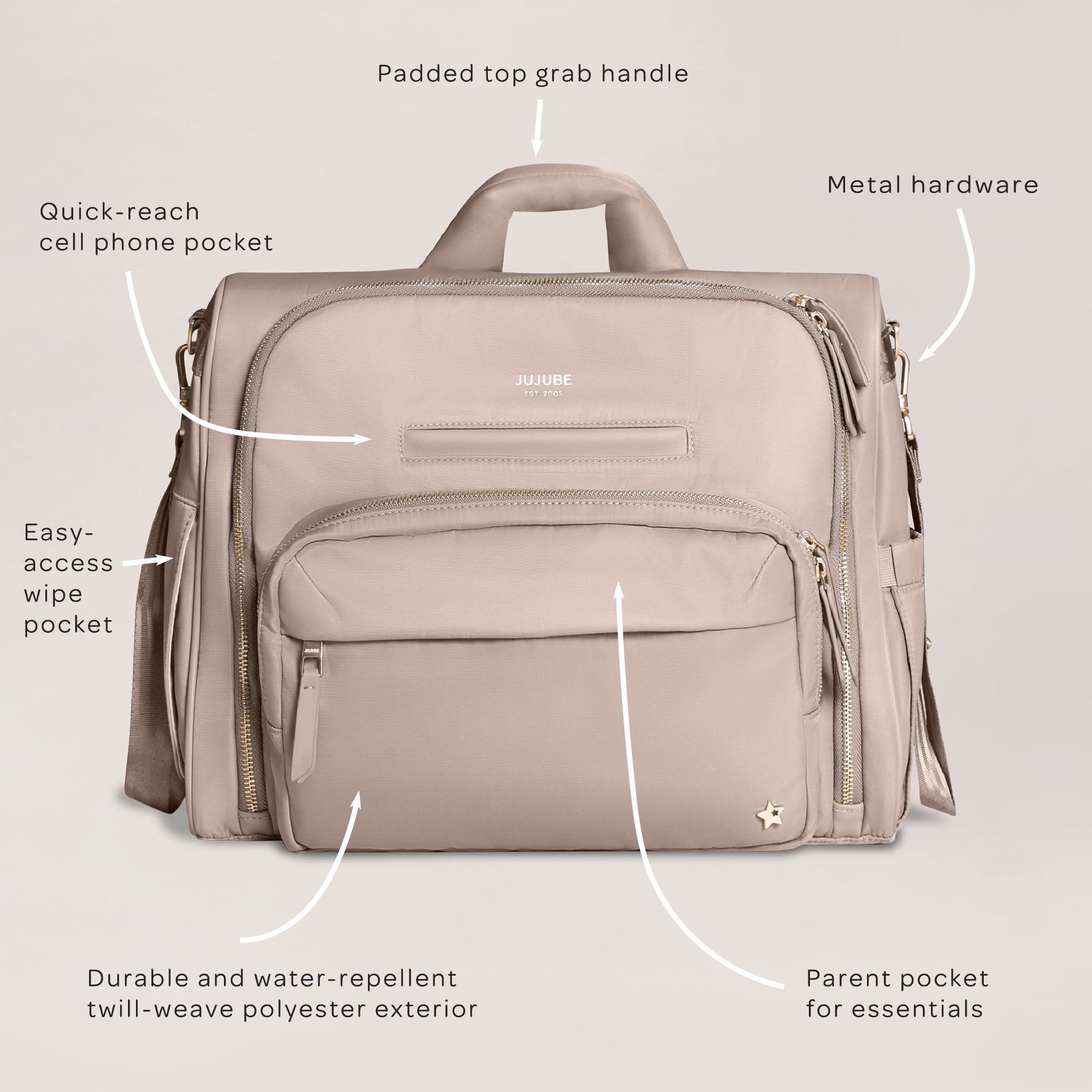 JuJuBe Convertible Diaper Backpack - Large Baby Travel Bag with Insulated Bottle Pockets & Portable Changing Pad | Taupe Diaper Satchel for Moms | Perfect for Daycare, Travel & On-the-Go Parenting (Boy or Girl)