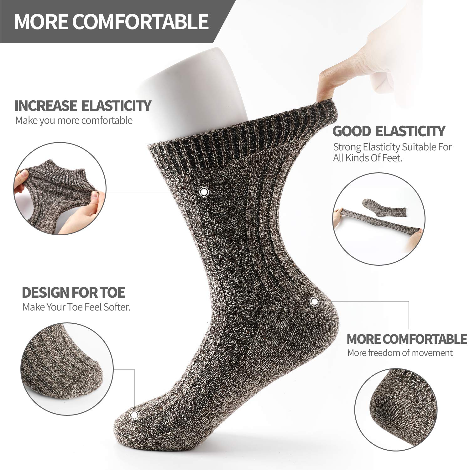 ElifeAcc 5 Pairs of Men's Thick & Warm Wool Socks for Winter - Thermal Hiking, Skiing & Outdoor Activities Socks for Cold Weather