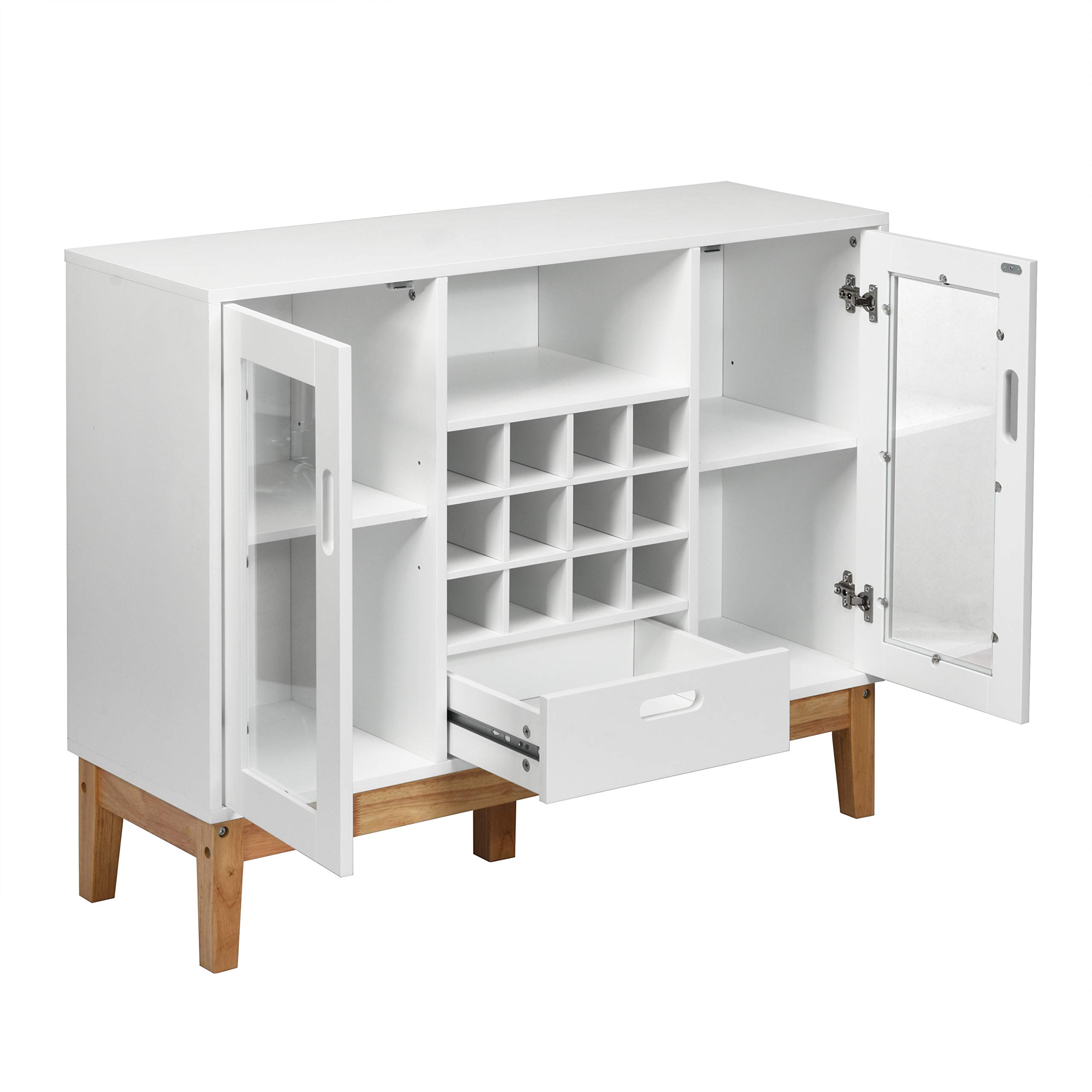 Giantex Buffet Sideboard with Wine Rack - Wooden Kitchen Storage Cabinet with 2 Doors, Drawer & Open Shelf - White & Natural Finish - Perfect for Dining Room, Living Room & Home Bar Organization
