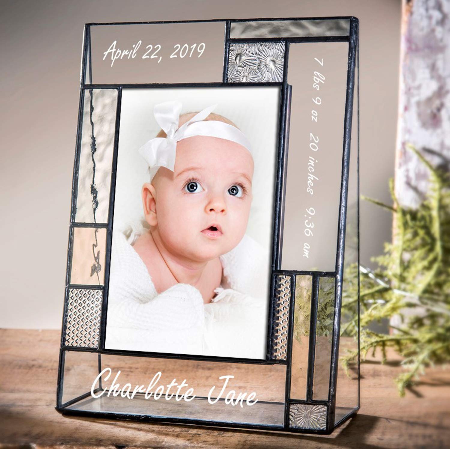 Personalized Baby Picture Frame - Grey & Yellow Engraved Glass 4x6 Photo Frame - Nursery Decor - Newborn Gift for Boys & Girls - Perfect for Baby Showers, Christenings & First Birthday Presents - J Devlin Pic 392-46V EP629 (4x6 Vertical)