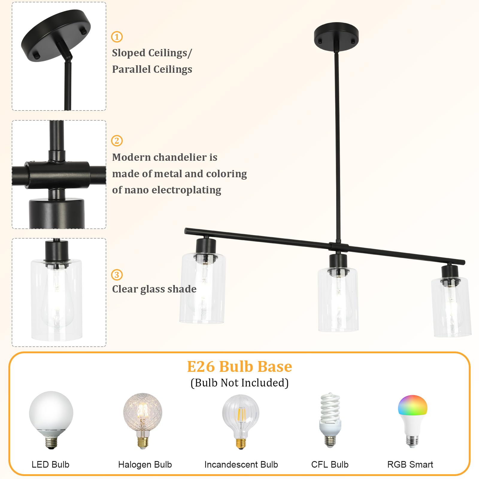 Modern Black Farmhouse Chandelier - 3-Light Pendant Lighting for Kitchen Island, Dining Room & Living Room | Glass Shade Ceiling Hanging Light Fixture | Perfect for Entryway, Foyer & Home Decor