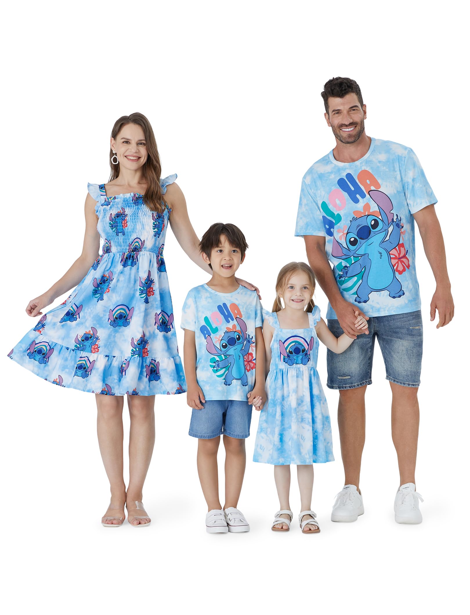 Disney Stitch Matching Family Outfits - Mommy and Me Hawaiian Summer Cami Dress & Button Down Shirts Set (Blue) | Beach Vacation, Theme Park, Family Photo Outfits
